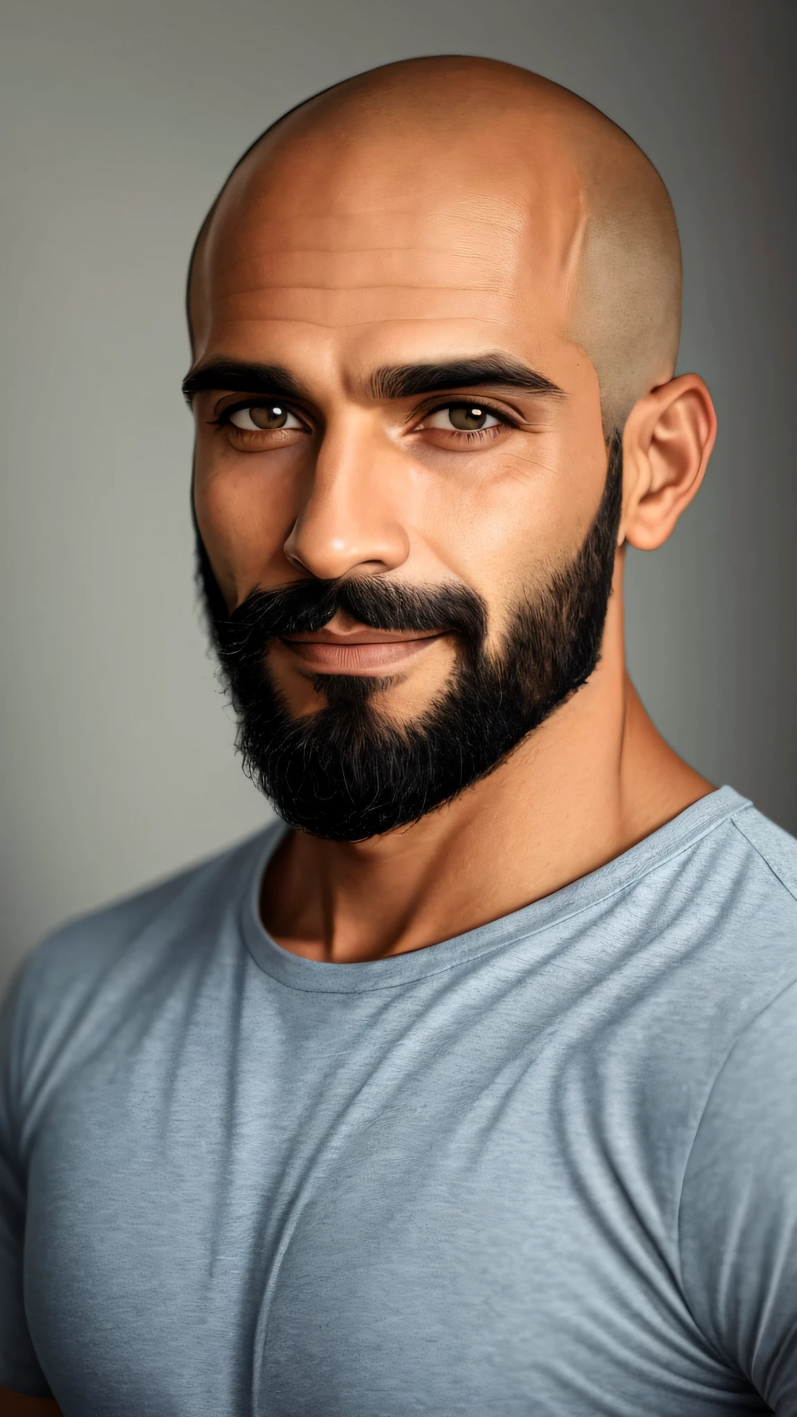 homem careca com barba e camiseta preta, latino, brasileiro, com uma barba pequena, cerca de 30 anos, foto de perfil headshot, barba pequena, sem bigode, foto de perfil profissional