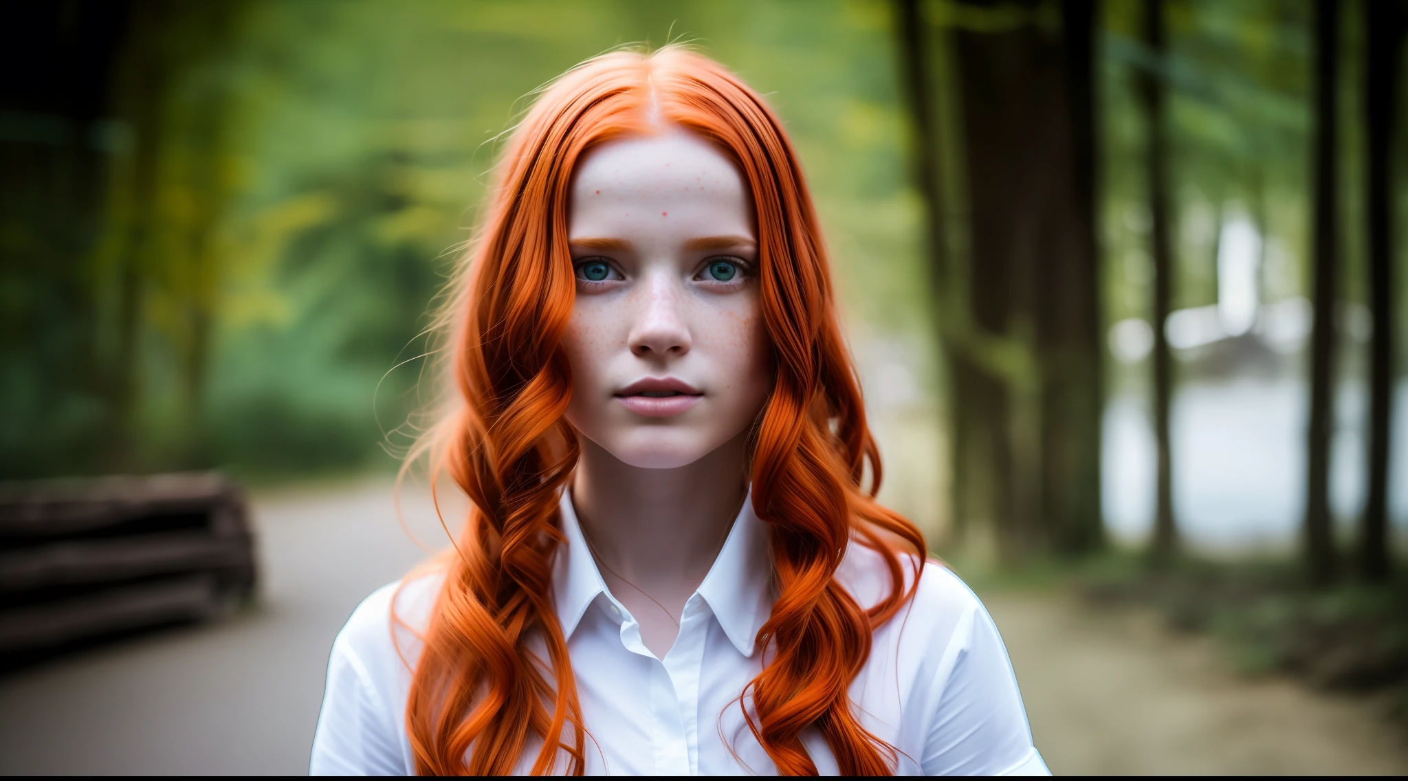 17mm ultra wide angle, portrait of a girl (redhead: 1.2), freckles, in an urban street solarpunk,: white shirt: 18, slate atmosphere, bright room, 35mm film, cinematic, muted colors, dark shot , muted colors , grainy film, lut, insane detail, intricate detail, hyperdetailed, close-up, twilight, colorful solarpunk clothing