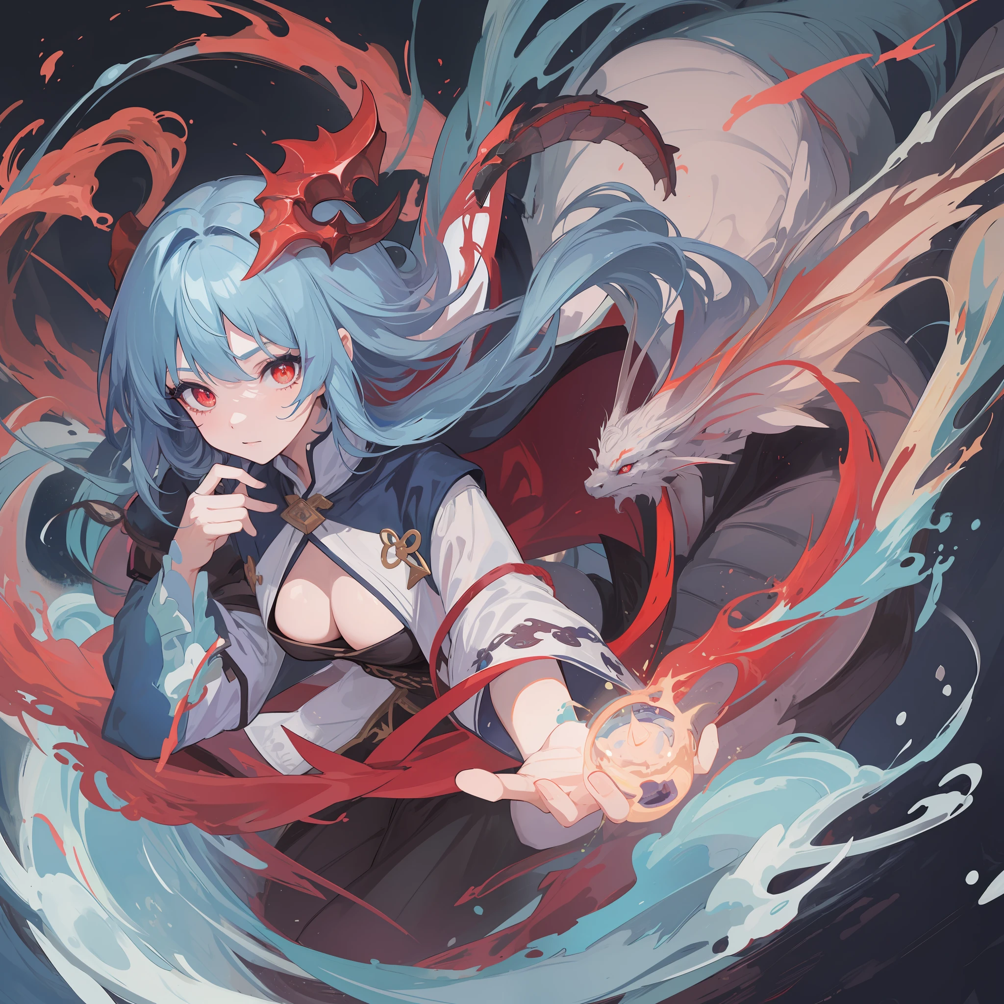 A blue flowing hair girl, red eyes, have dragon horn and dragon pupils, wear alchemist robe.