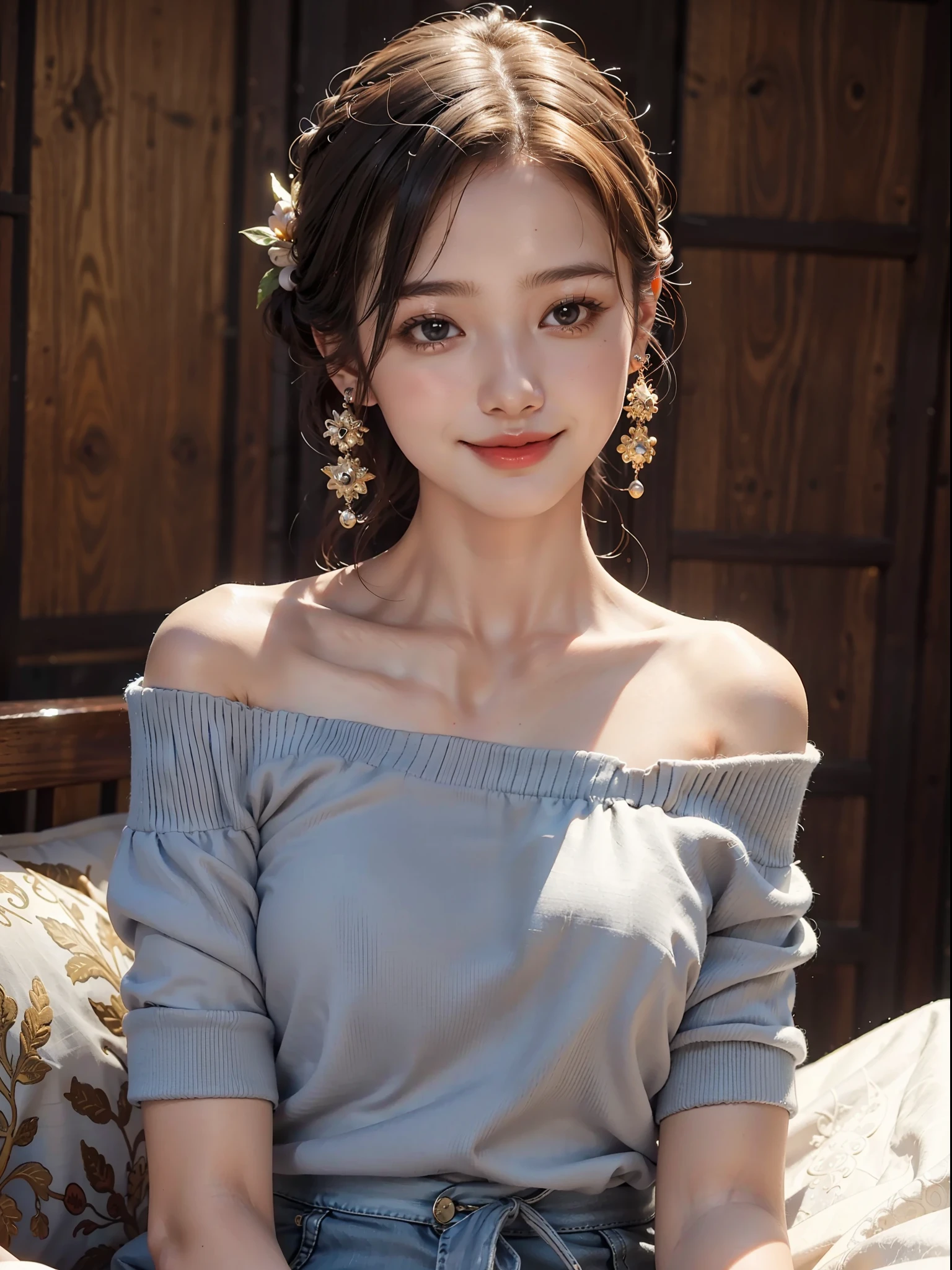 1girl, offshoulder, light smile, shiny skin
best quality, masterpiece, (photorealistic:1.4)