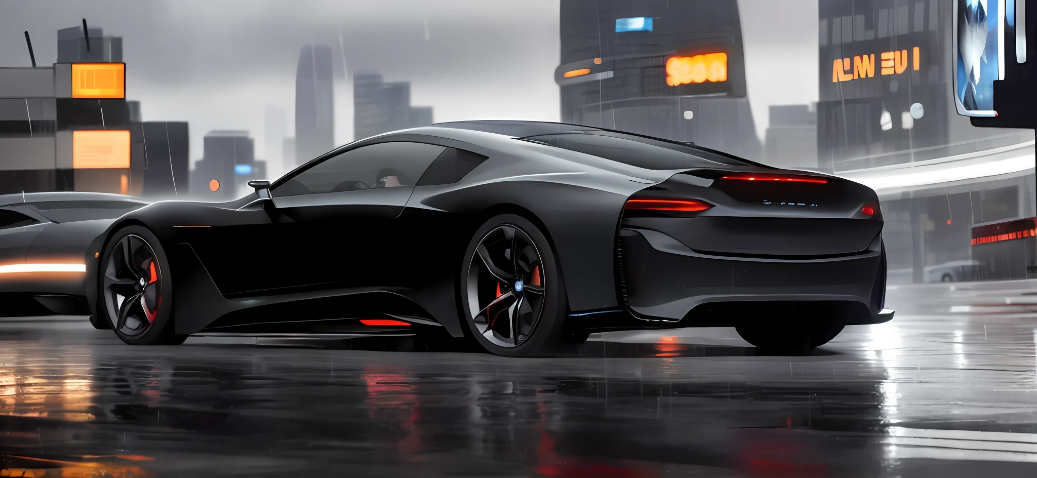 Black car，Concept car，futuristic concept car，Smooth lines，Powerful，Rendering of a futuristic supercar，The car in the picture is on a rainy street，rainstorm，Realistic rendering，Realistic light and shadow，Reflective details，city background，ultrahighres，side，Rear side of the car，strong contrast between light and dark