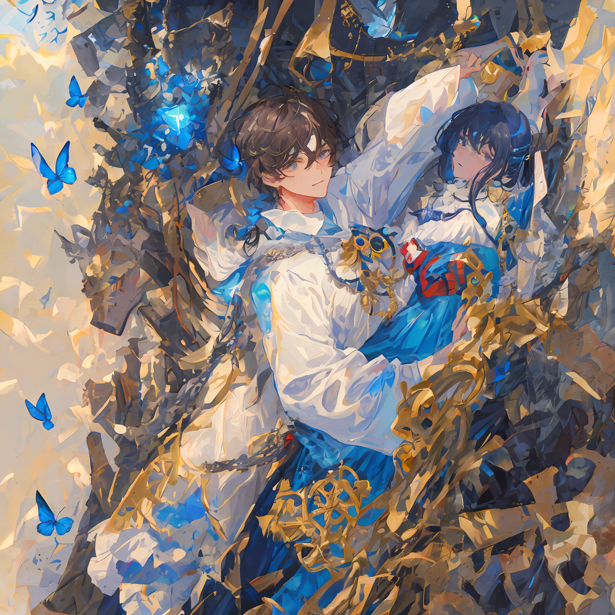 ((bisyounen)), {{{masterpiece}}},oil painting,{{{navy hair}}},{{1man}}, Sherlock Holmes, swept back hair, beautiful young man,official art, blue butterflies,8k, pixiv artwork