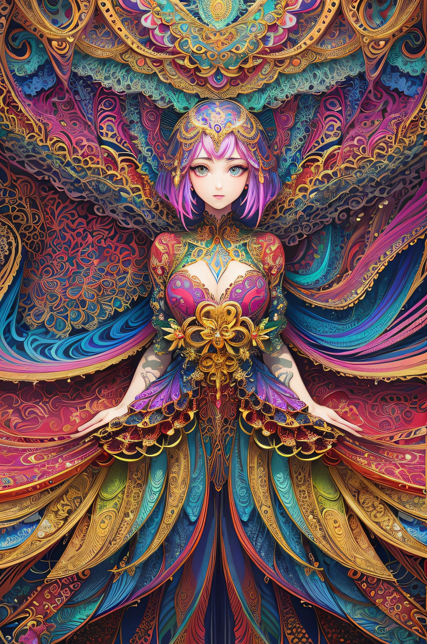 (masterpiece, top quality, best quality, official art, beautiful and aesthetic:1.2), (1girl:1.3), extremely detailed,(fractal art:1.2),colorful,highest detailed,(zentangle:1.2), (dynamic pose), (abstract background:1.5), (treditional dress:1.2), (shiny skin), (many colors:1.4), upper body