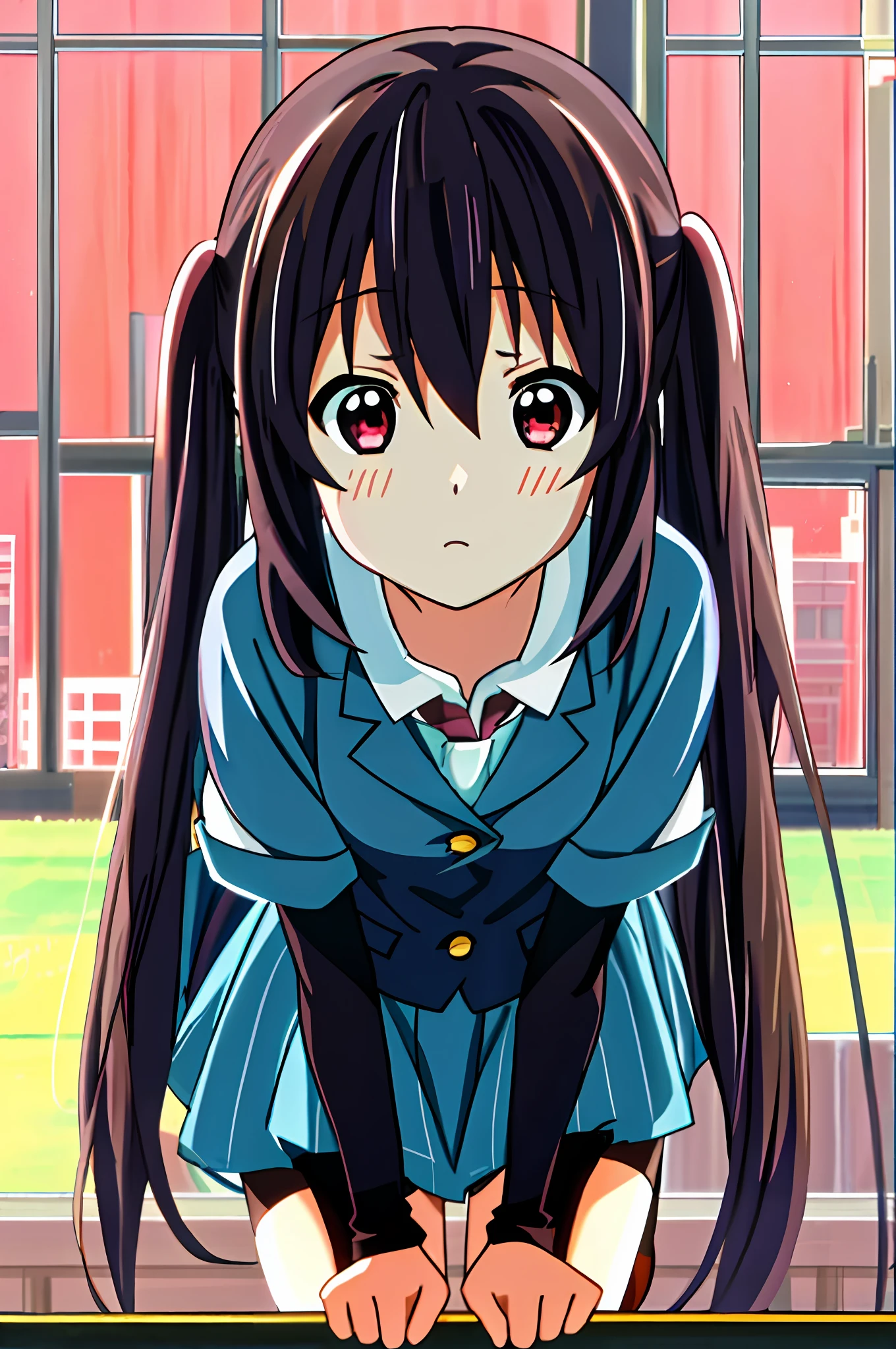 1girl(Rose), (((Masterpieces))), maximum quality, maximum quality, High Detail, Azusa Nakano, 1girl(Rose), Sakuragaoka High School Uniform, musical instrument, Student uniforms, Twin tails, long hairs, dark black hair, brown eye, solo、, reds, Dark blue blazer with thin red ribbon, Solid white buttoned shirt under blazer, illustrations, manga、, soothing tones, muted color, Soft cinematic light, adobe lightroom, photolab, tmra, Complex and highly detailed、(((Depth Of Field))))。(((Masterpieces)))。(((maximum quality))).)((ultradetailed)))。(((illustrations)))。(((room,))).dynamic focus.small breasts.(((Face of sadness))).make a fist.sit.