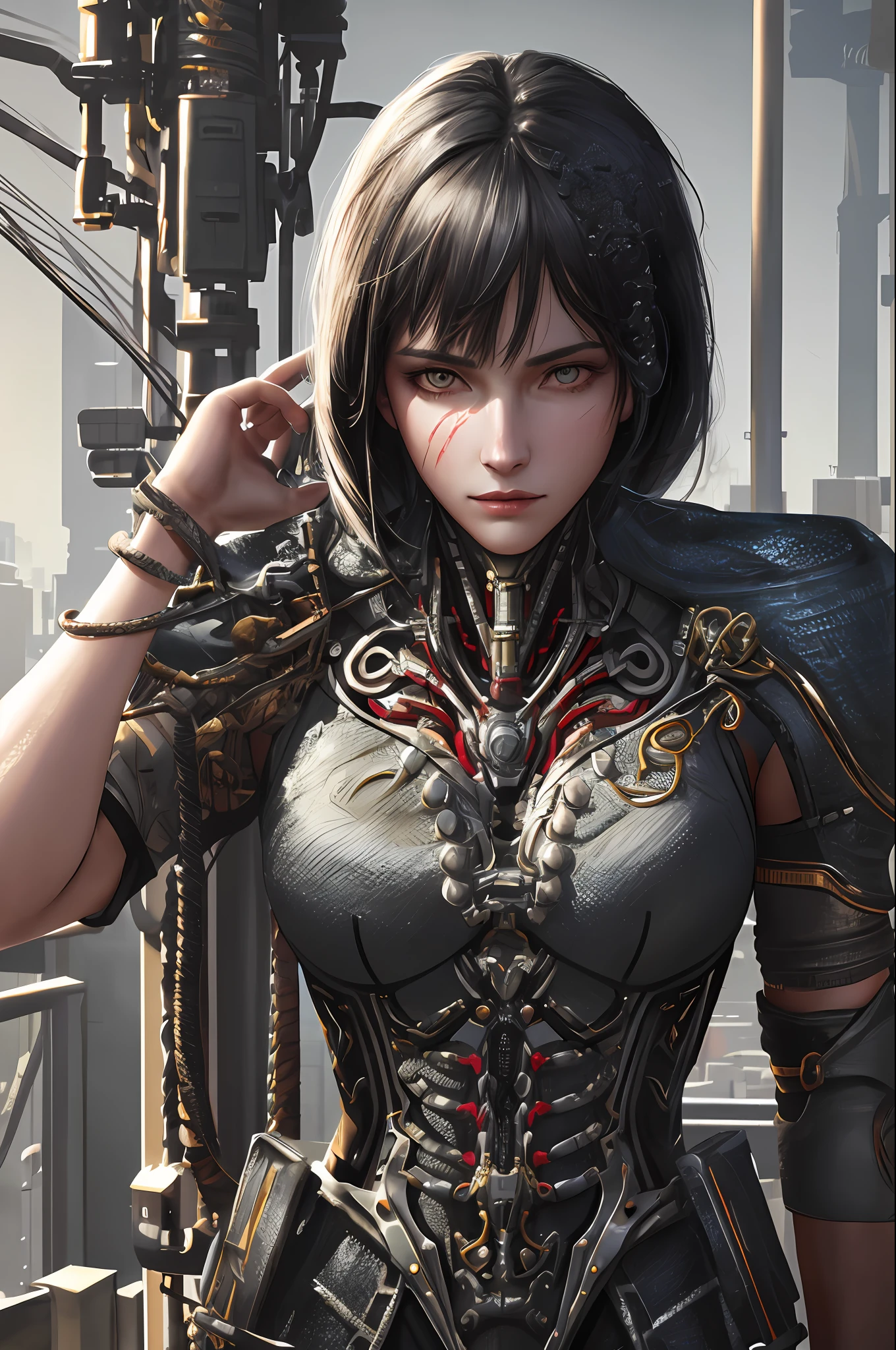 1mechanical girl,((ultra realistic details)), portrait, global illumination, shadows, octane render, 8k, ultra sharp,metal,intricate, ornaments detailed, cold colors, egypician detail, highly intricate details, realistic light, trending on cgsociety, glowing eyes, facing camera, neon details, machanical limbs,blood vessels connected to tubes,mechanical vertebra attaching to back,mechanical cervial attaching to neck,sitting,wires and cables connecting to head