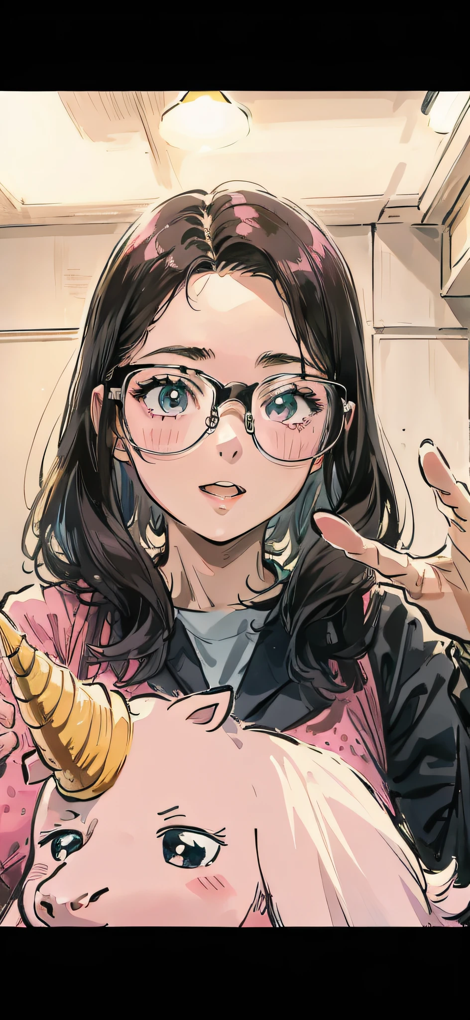 A girl with glasses holds a pink unicorn cartoon image