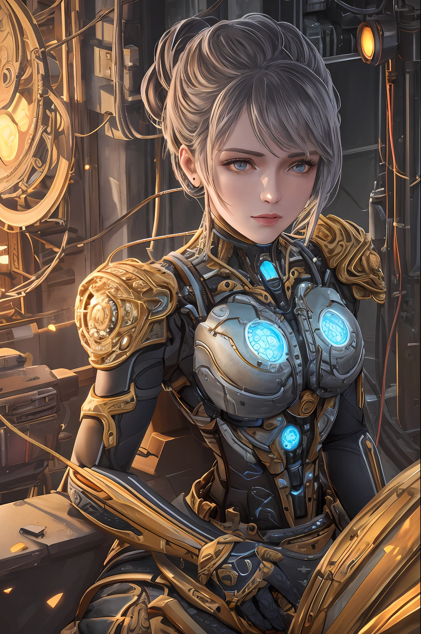 1mechanical girl,((ultra realistic details)), portrait, global illumination, shadows, octane render, 8k, ultra sharp,metal,intricate, ornaments detailed, cold colors, egypician detail, highly intricate details, realistic light, trending on cgsociety, glowing eyes, facing camera, neon details, machanical limbs,blood vessels connected to tubes,mechanical vertebra attaching to back,mechanical cervial attaching to neck,sitting,wires and cables connecting to head