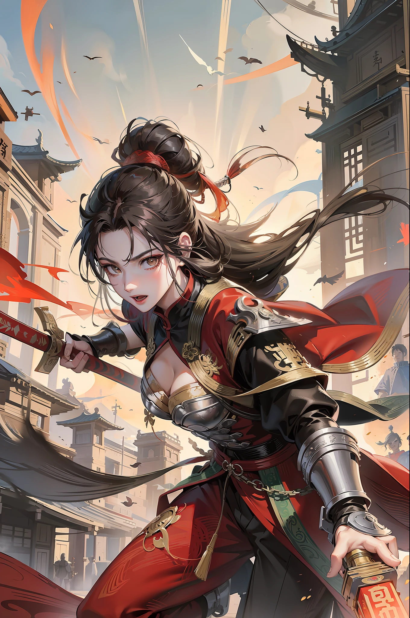 Chinese style, ancient battlefield, an ancient Chinese female general, holding a sword in her hand, grim expression, full body, amazing facial features, red robe, armor, boots, yellow sand in the sky, fleeing crowd, firelight, game model, stunning lighting, C4D, OC rendering, cinematic edge light, delicate light, masterpiece, super detailed, epic composition, super HD, high quality, highest quality, 32k