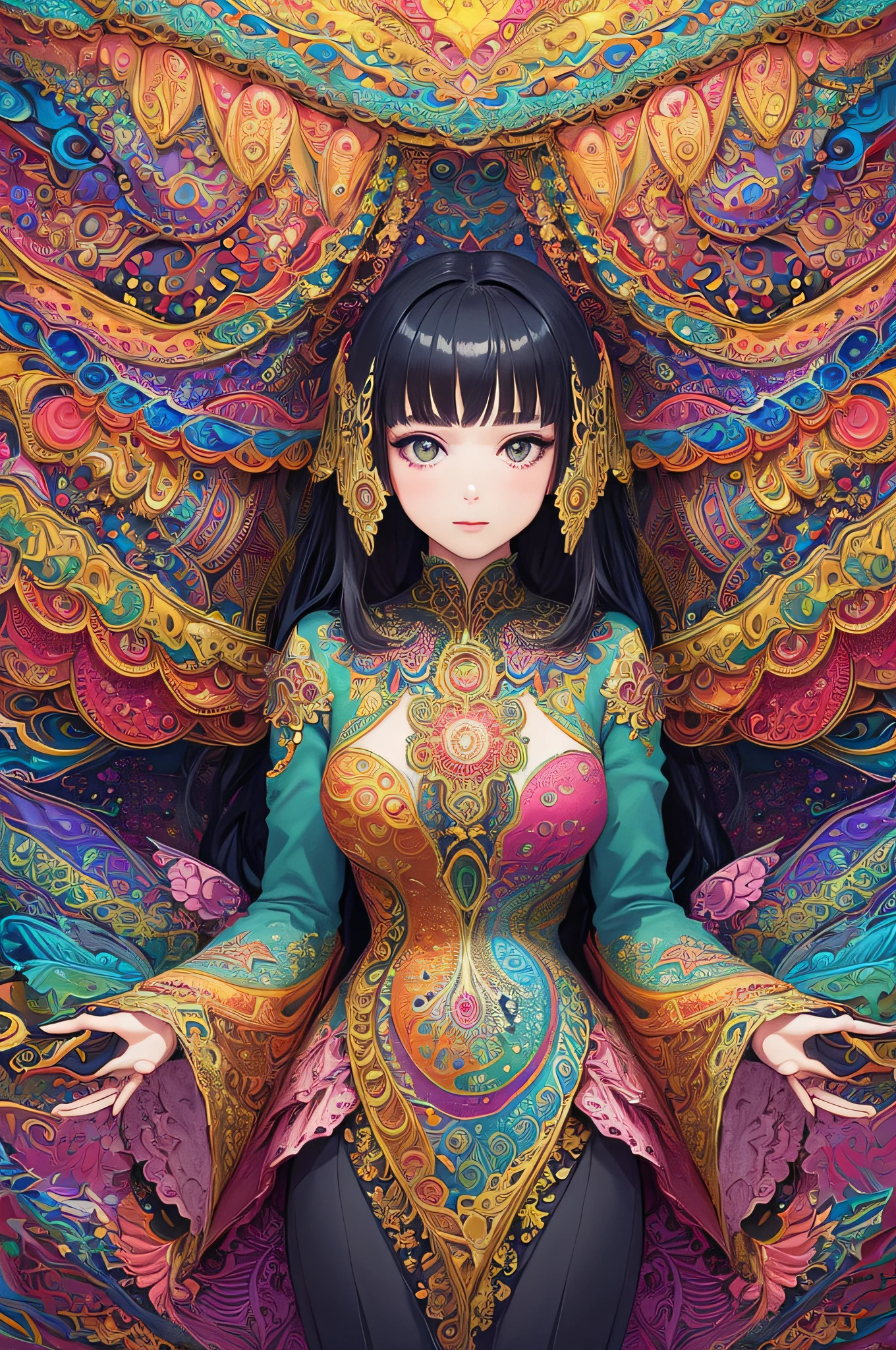 (masterpiece, top quality, best quality, official art, beautiful and aesthetic:1.2), (1girl:1.3), extremely detailed,(fractal art:1.2),colorful,highest detailed,(zentangle:1.2), (dynamic pose), (abstract background:1.5), (treditional dress:1.2), (shiny skin), (many colors:1.4), upper body