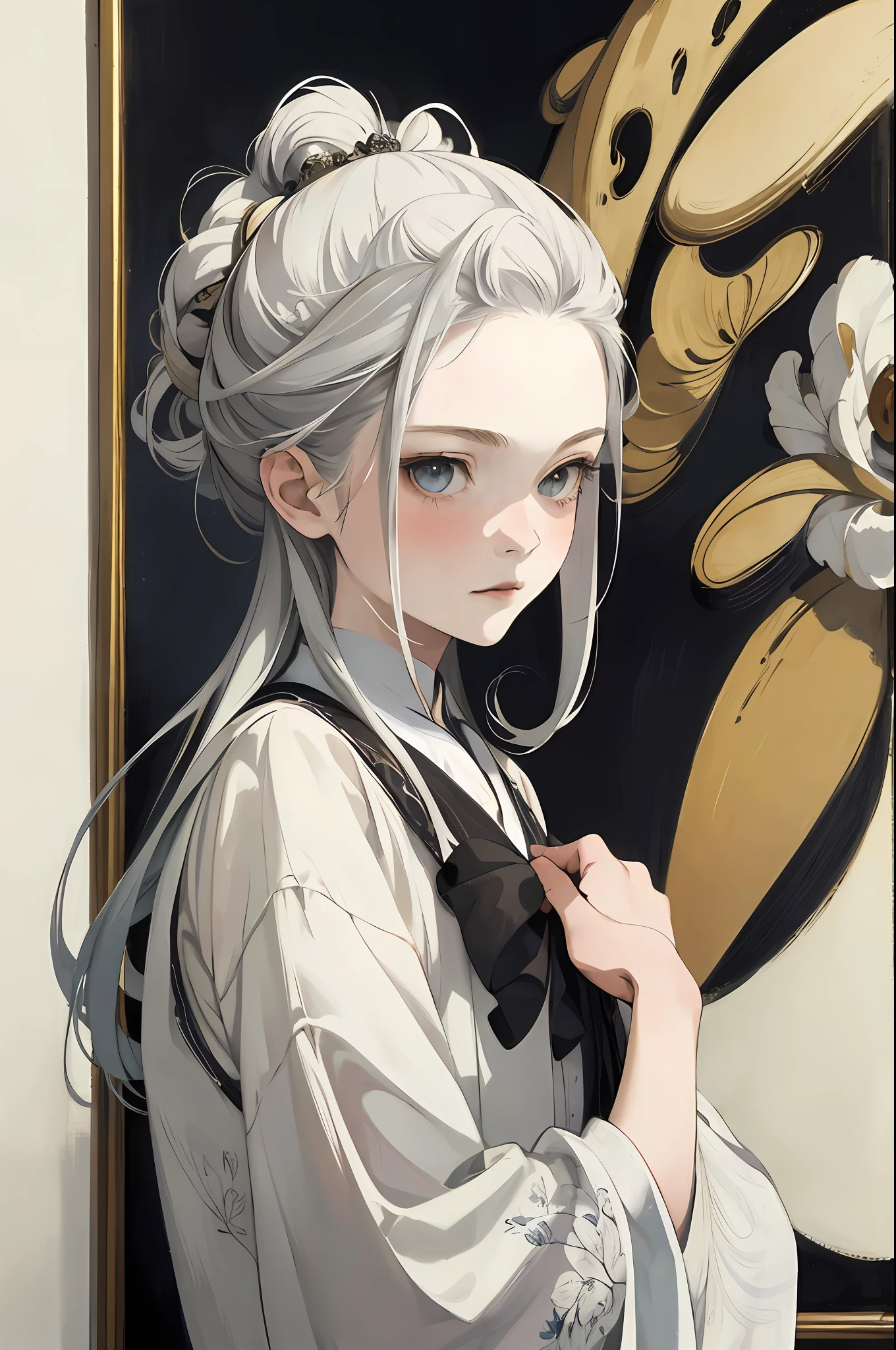 realistic, (best quality, masterpiece:1.3),1girl, solo,Design an image featuring beautiful calligraphy, with expressive lettering, elegant flourishes, and a sense of craftsmanship and skill.
silver hair,bright pupils, long hair, expressionless,