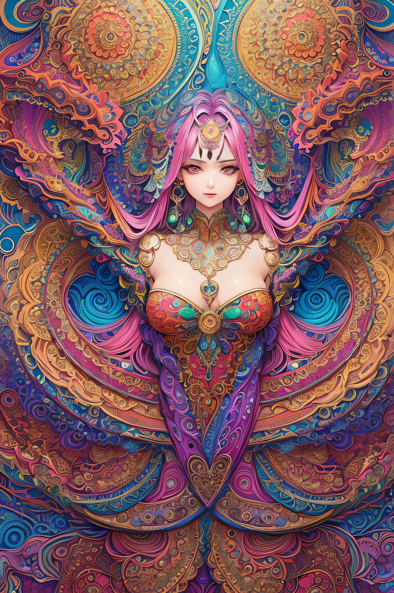 (masterpiece, top quality, best quality, official art, beautiful and aesthetic:1.2), (1girl:1.3), extremely detailed,(fractal art:1.2),colorful,highest detailed,(zentangle:1.2), (dynamic pose), (abstract background:1.5), (treditional dress:1.2), (shiny skin), (many colors:1.4), upper body