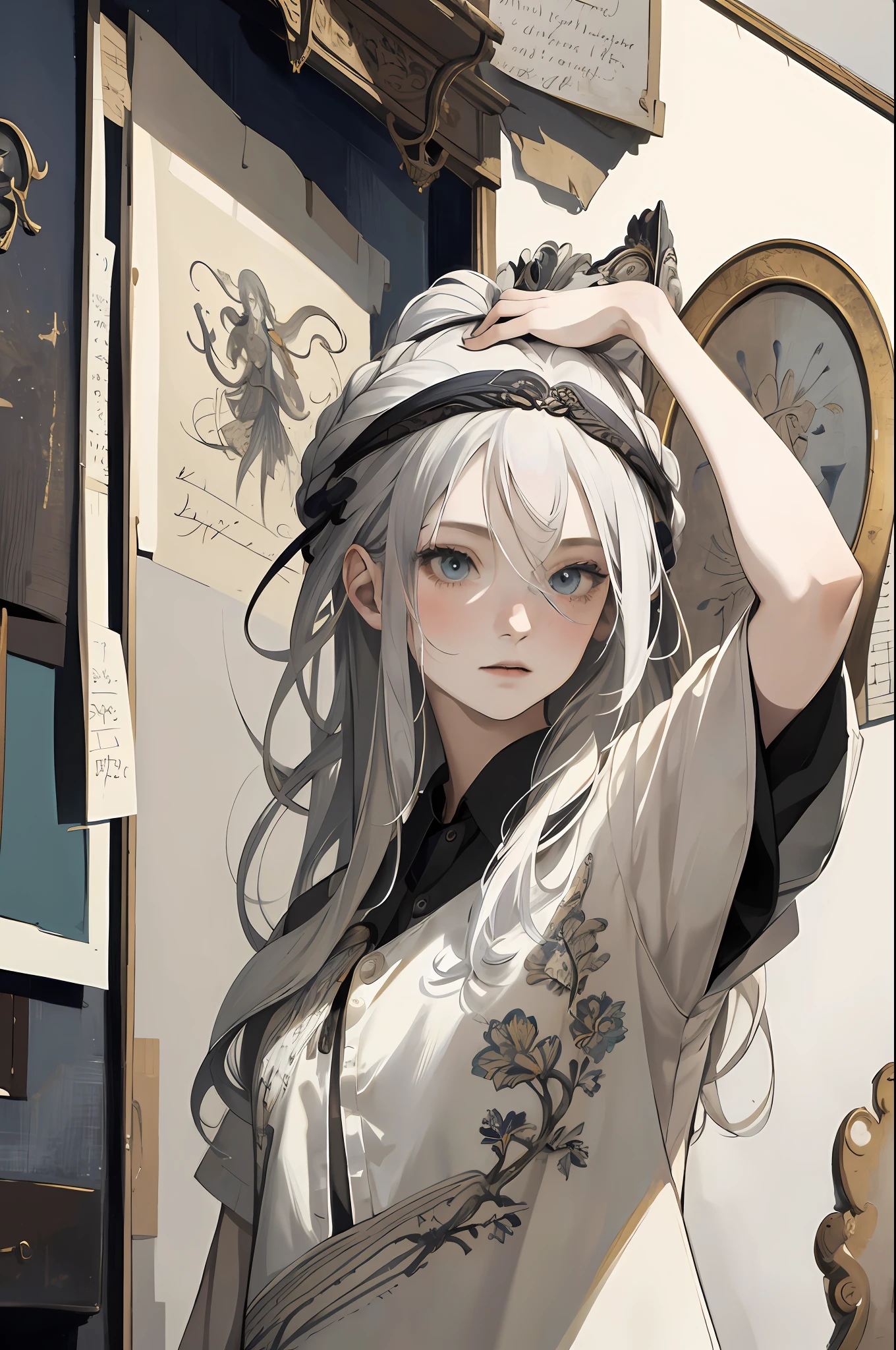 realistic, (best quality, masterpiece:1.3),1girl, solo,Design an image featuring beautiful calligraphy, with expressive lettering, elegant flourishes, and a sense of craftsmanship and skill.
silver hair,bright pupils, long hair, expressionless,