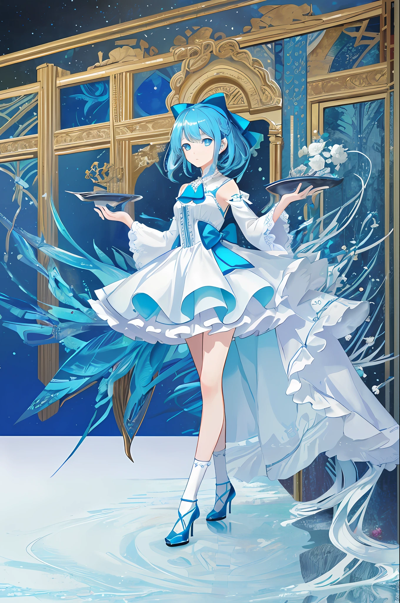 (a masterpiece,top quality,Bestquality,Official Art,Beauty and aesthetics:1.2),(1girl:1.3),(fractal art:1.3),Vibrant aqua blue eyes, Medium hair with tassels,Flawless,Perfect Body,white silk,length socks,white high heels,pattern,Bow
