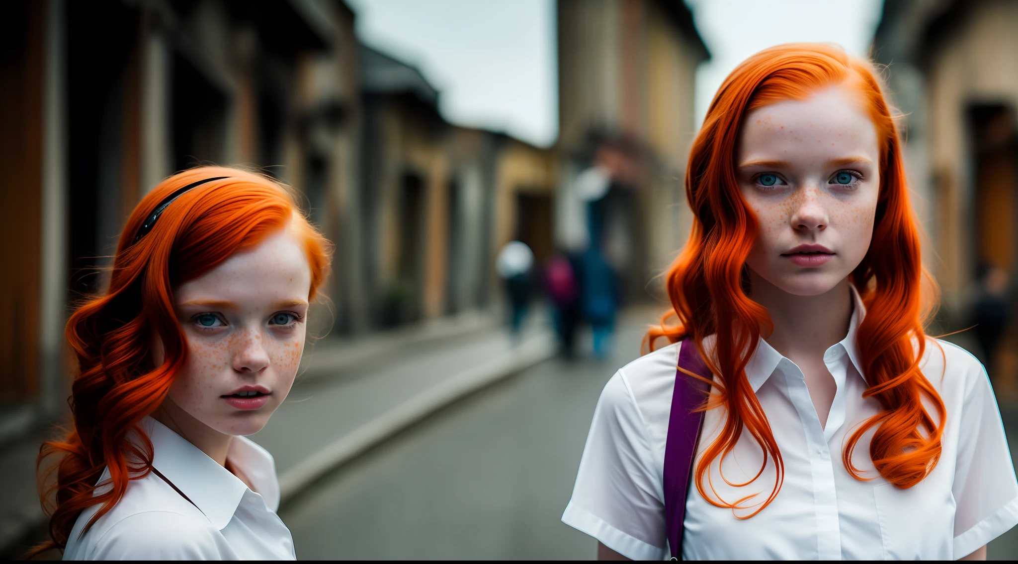 17mm ultra wide angle, portrait of a girl (redhead: 1.2), freckles, in an urban street solarpunk,: white shirt: 18, slate atmosphere, bright room, 35mm film, cinematic, muted colors, dark shot , muted colors , grainy film, lut, insane detail, intricate detail, hyperdetailed, close-up, twilight, colorful solarpunk clothing