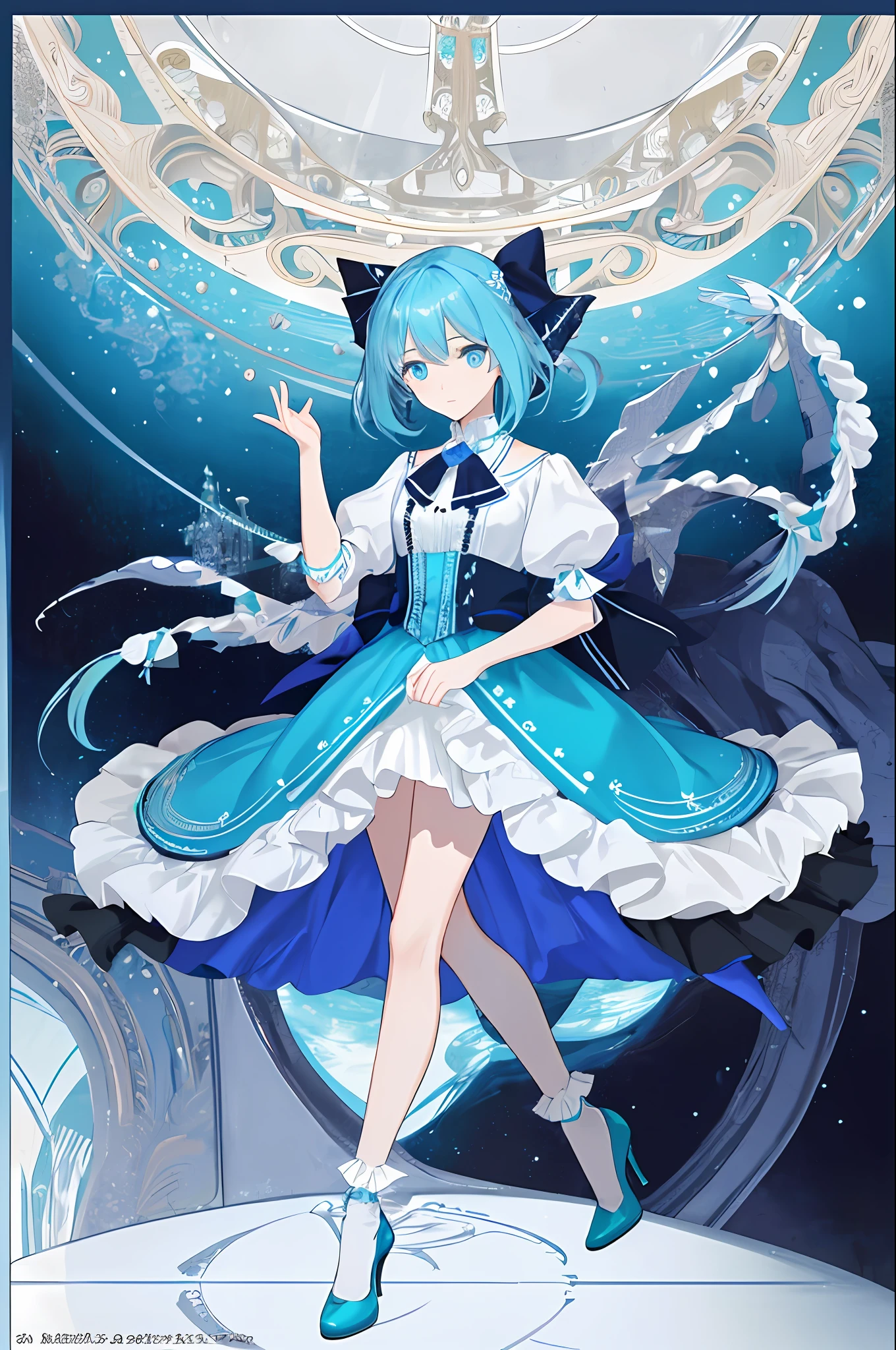 (a masterpiece,top quality,Bestquality,Official Art,Beauty and aesthetics:1.2),(1girl:1.3),(fractal art:1.3),Vibrant aqua blue eyes, Medium hair with tassels,Flawless,Perfect Body,white silk,length socks,white high heels,pattern,Bow