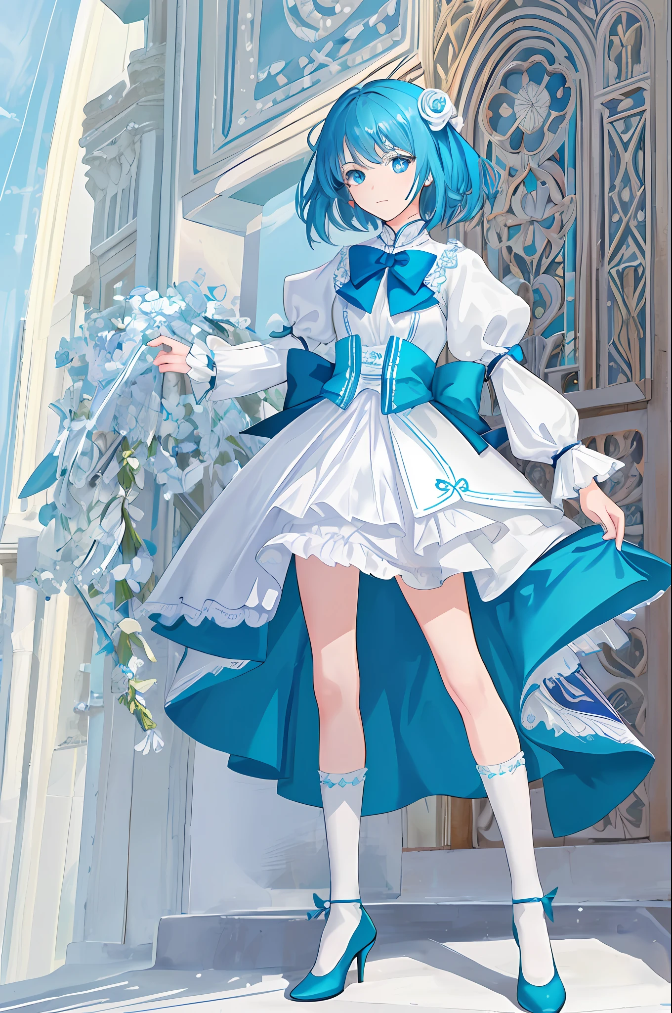 （a masterpiece，top quality，Bestquality，Official Art，Beauty and aesthetics：1.2），（1girl：1.3），（fractal art：1.3），Vibrant aqua blue eyes， Medium hair with tassels，Flawless，Perfect Body，white silk，length socks，white high heels，pattern，Bow