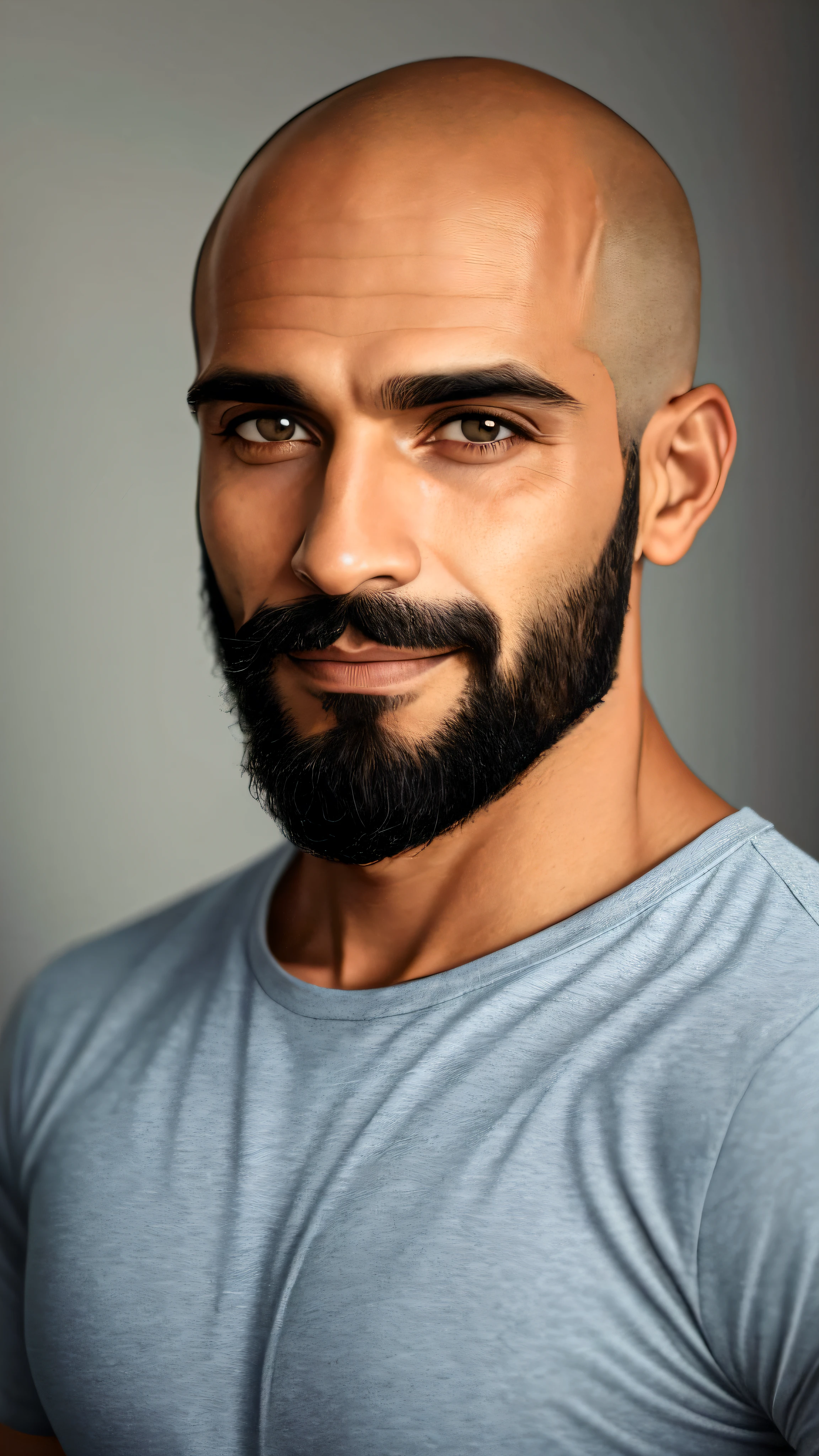 homem careca com barba e camiseta preta, latino, brasileiro, com uma barba pequena, cerca de 30 anos, foto de perfil headshot, barba pequena, sem bigode, foto de perfil profissional