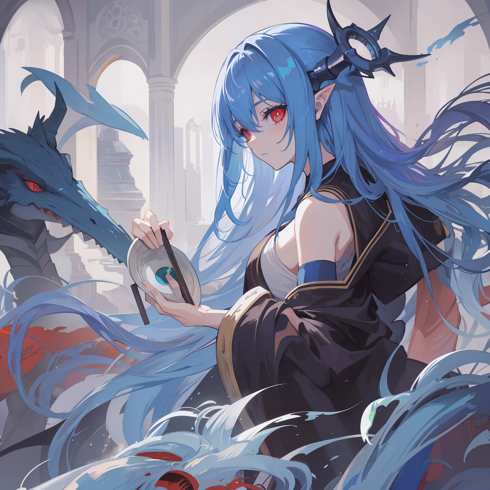 A blue flowing hair girl, red eyes, have dragon horn and dragon pupils, wear alchemist robe.