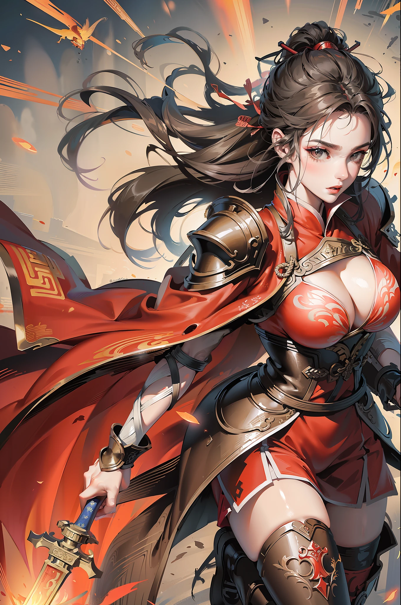 Chinese wind,ancient battlefield,An ancient Chinese female general、All over body、Sword in hand、Grim expression、Amazing facial features,Red robes,armor,boots,Yellow sand in the sky,Fleeing crowds,firelight,Game model, stunning lighting, C4D,OC rendering,Movie edge light,The light is delicate,a masterpiece,Ultra detailed,epic composition,Super HD,high quality,maximum quality,32k