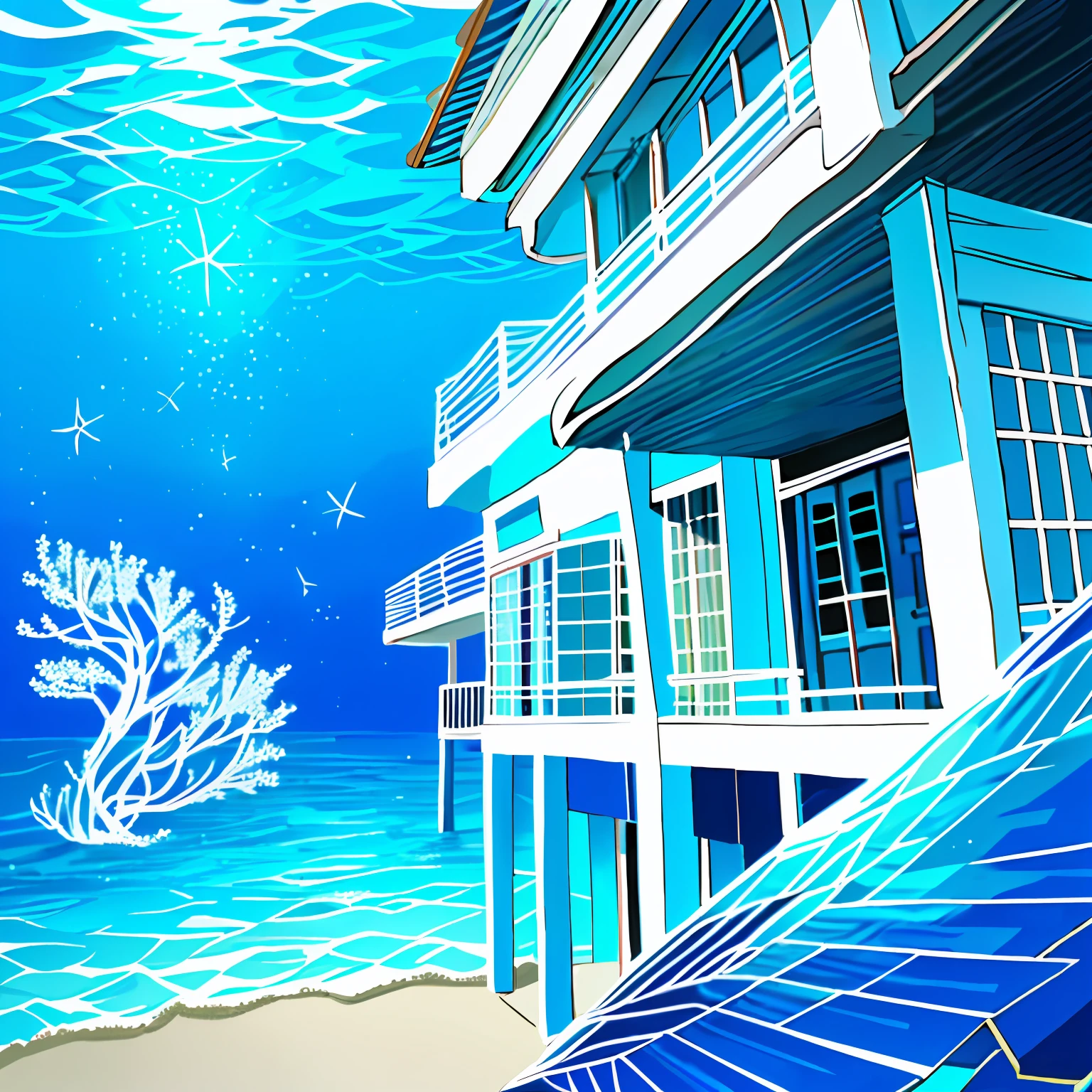（under the sea：1.5）， （Reef House）， （fish：1.2）， bubbles， medusa，
 aqua，（Blue tones：1.3），Miyazaki manga style