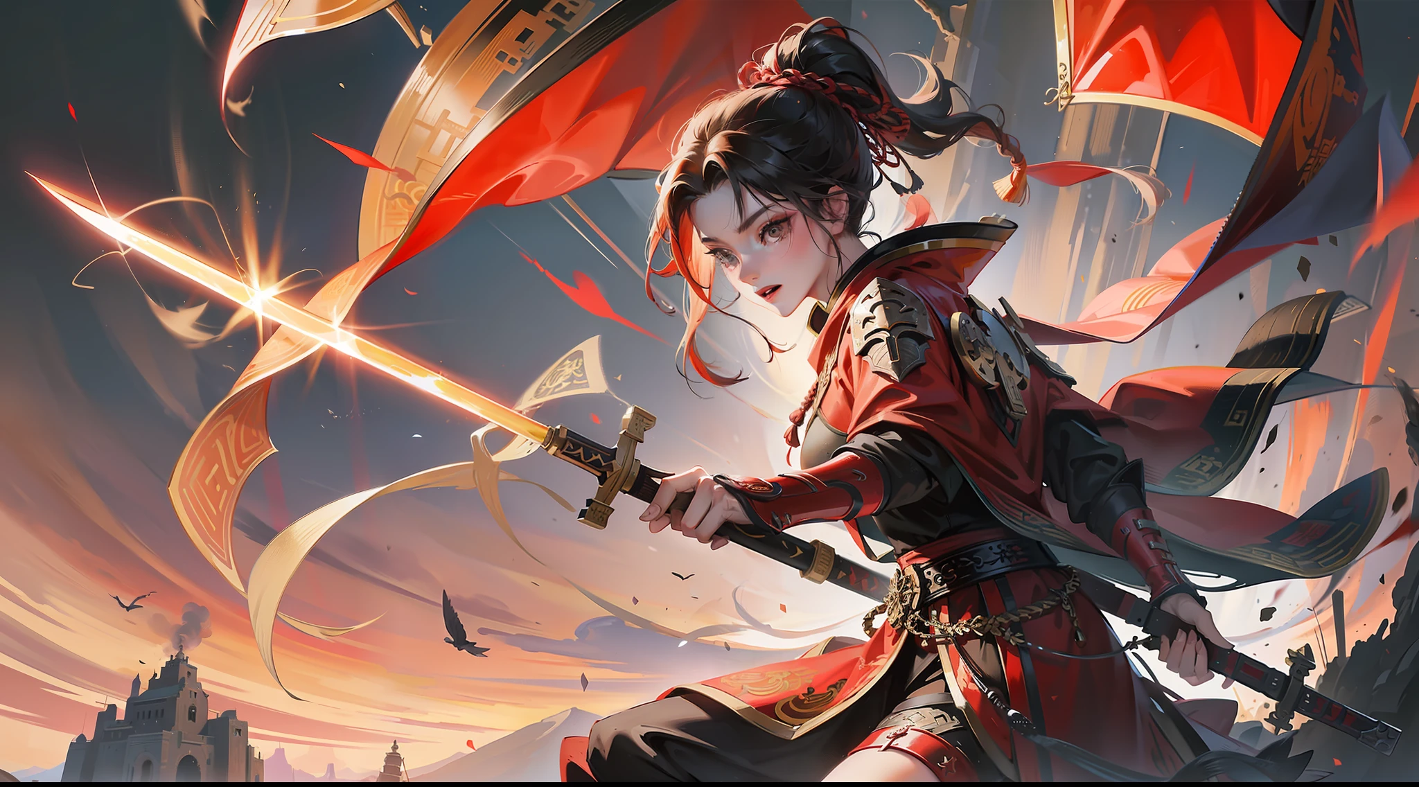 Chinese style, ancient battlefield, an ancient Chinese female general, holding a sword in her hand, grim expression, full body, amazing facial features, red robe, armor, boots, yellow sand in the sky, fleeing crowd, firelight, game model, stunning lighting, C4D, OC rendering, cinematic edge light, delicate light, masterpiece, super detailed, epic composition, super HD, high quality, highest quality, 32k