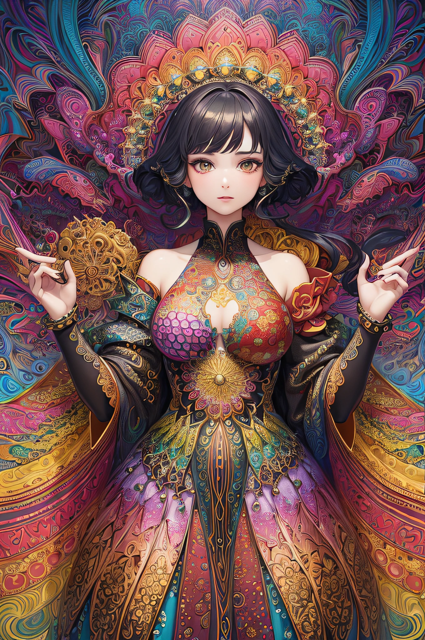(masterpiece, top quality, best quality, official art, beautiful and aesthetic:1.2), (1girl:1.3), extremely detailed,(fractal art:1.2),colorful,highest detailed,(zentangle:1.2), (dynamic pose), (abstract background:1.5), (treditional dress:1.2), (shiny skin), (many colors:1.4), upper body