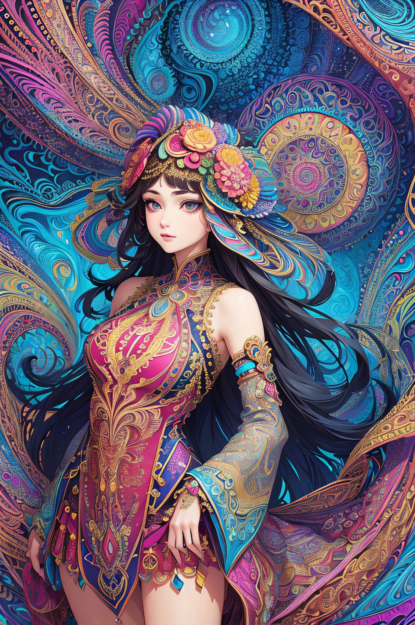 (masterpiece, top quality, best quality, official art, beautiful and aesthetic:1.2), (1girl:1.3), extremely detailed,(fractal art:1.2),colorful,highest detailed,(zentangle:1.2), (dynamic pose), (abstract background:1.5), (treditional dress:1.2), (shiny skin), (many colors:1.4), upper body