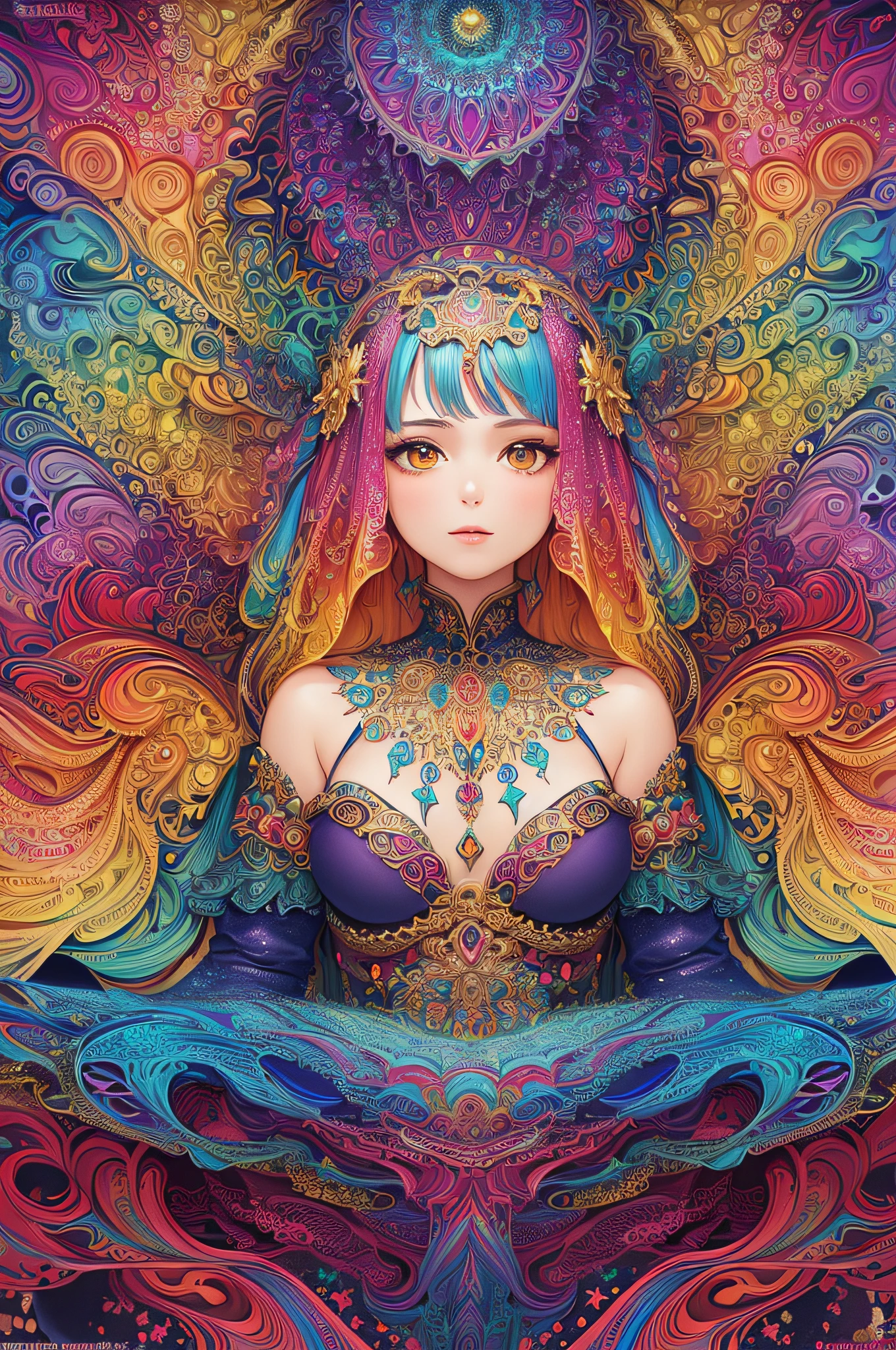 (masterpiece, top quality, best quality, official art, beautiful and aesthetic:1.2), (1girl:1.3), extremely detailed,(fractal art:1.2),colorful,highest detailed,(zentangle:1.2), (dynamic pose), (abstract background:1.5), (treditional dress:1.2), (shiny skin), (many colors:1.4), upper body