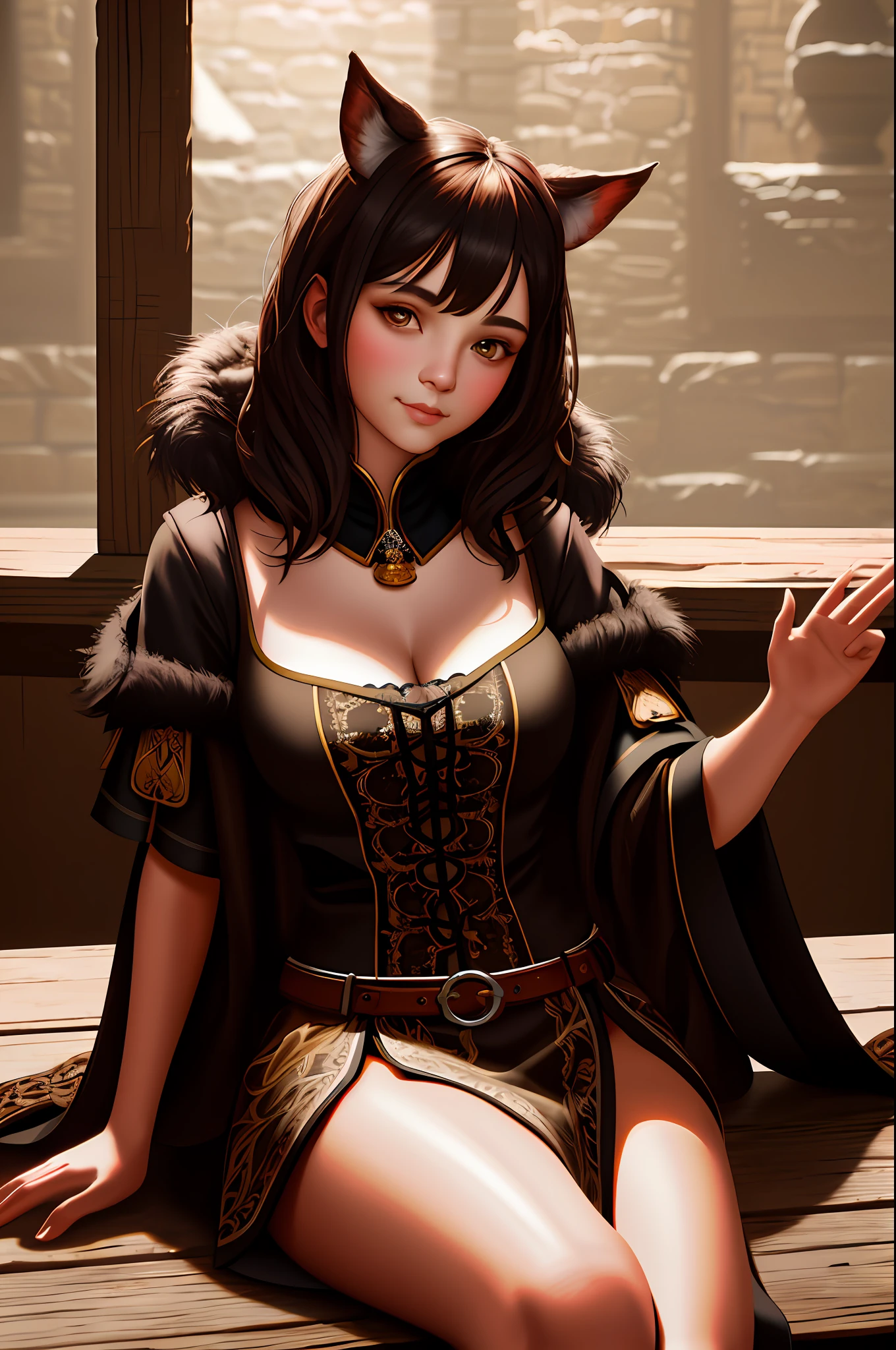 modelshoot style, 8k, portrait of cute Maine sitting on wooden table in a medieval tavern, detailed fur, trends on ArtStation, trends on CGSociety, intricate, high detail, sharp focus, dramatic lighting, digital painting, digital art, by artgerm, by Liang Xing, by WLOP