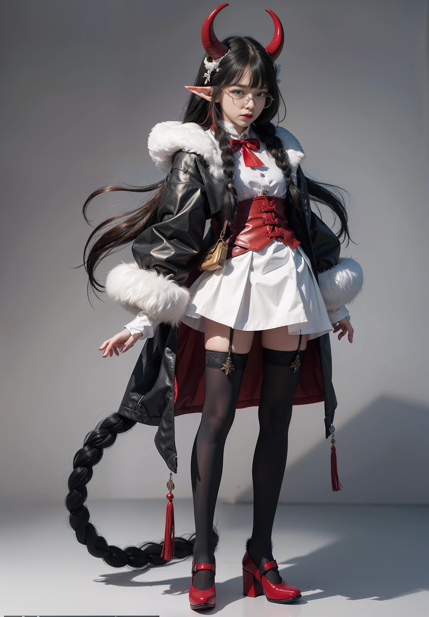 White background, standing painting, beautiful girl, standing, full body, demon double horns, black hair, elf ears, blue eyes, twisted braid, red fur coat, red hair stuck on the right side, white stockings, small leather shoes, cute, high resolution, white skirt, black glasses