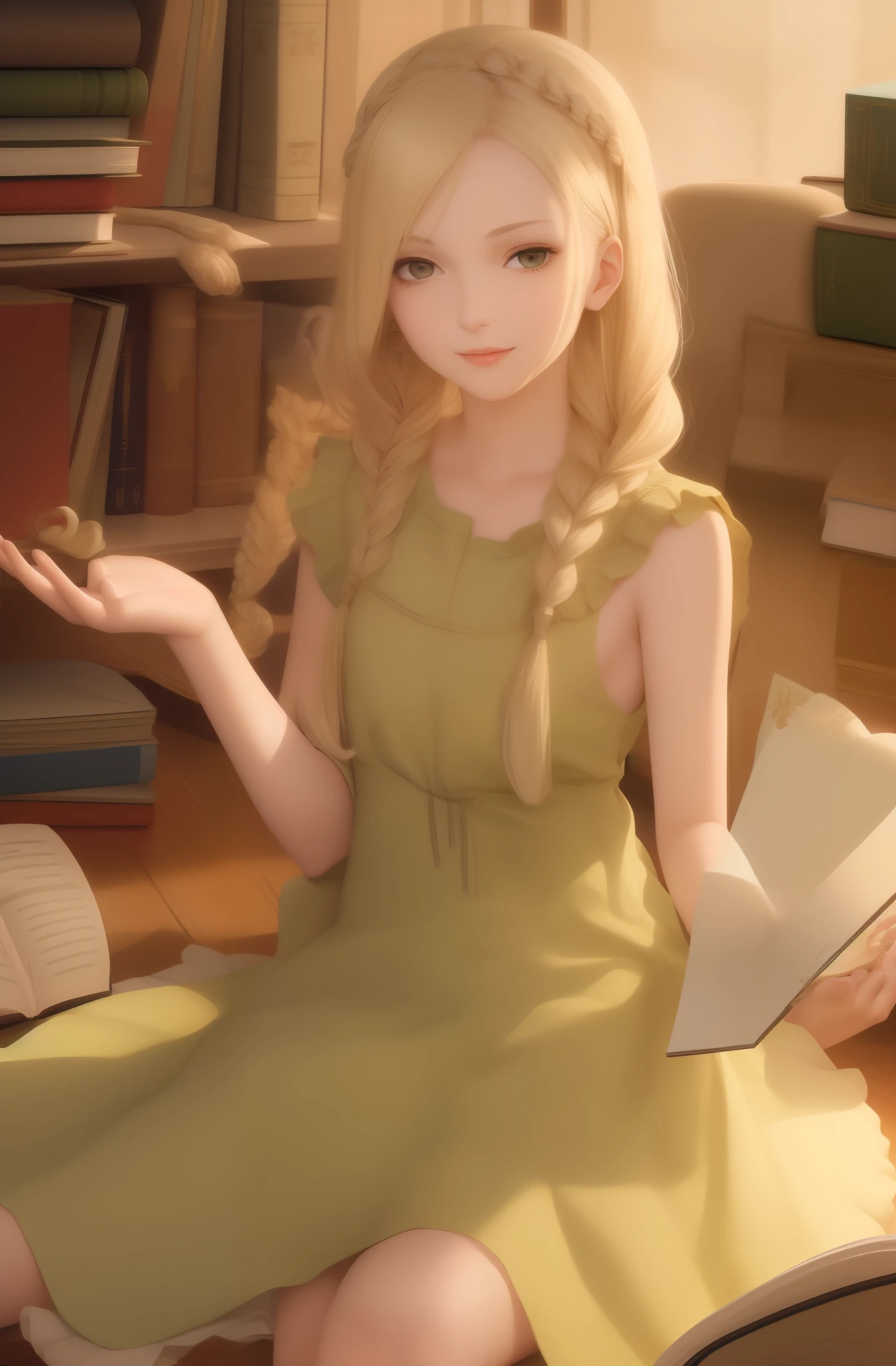 best，a masterpiece，upperl body，（Adult：1.6）Ukrainian woman，（smirk：0.4），Blonde braids，emerald eyes，Medieval sun dress，Floating particles of light，in the center，Books in hand