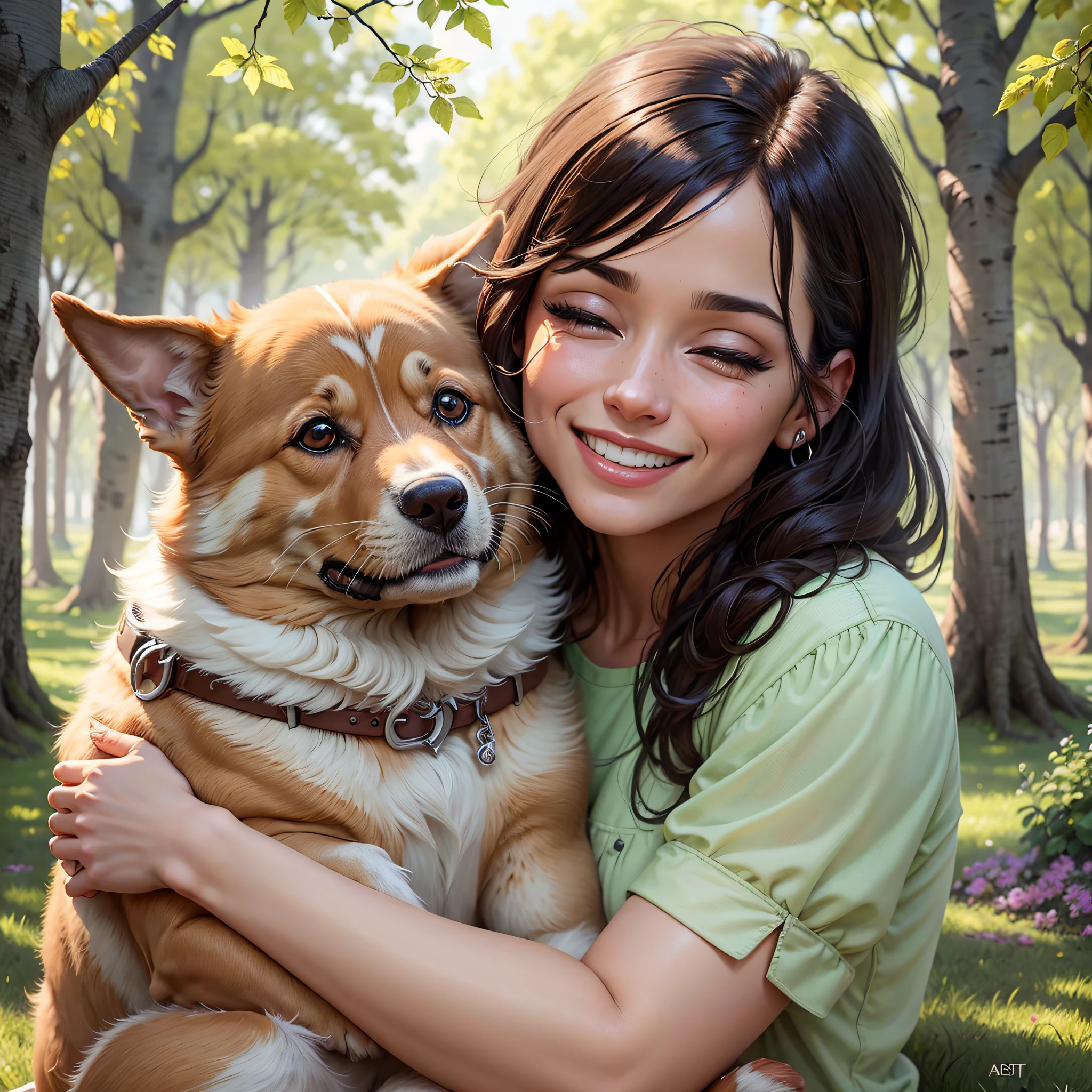 Crie uma imagem, Um feliz cachorrinho solo, smiling being hugged by a caring woman, conveying an atmosphere of trust and affection. The setting would be a sunny park, with green lawn and trees around, conveying a sense of tranquility and well-being. The image would capture that special moment between the woman and the dog, highlighting the genuine connection and loving care that petsitter services provide to pets. foto realista, altos detalhes, melhor qualidade, 4k, lighting smooth --auto --s2