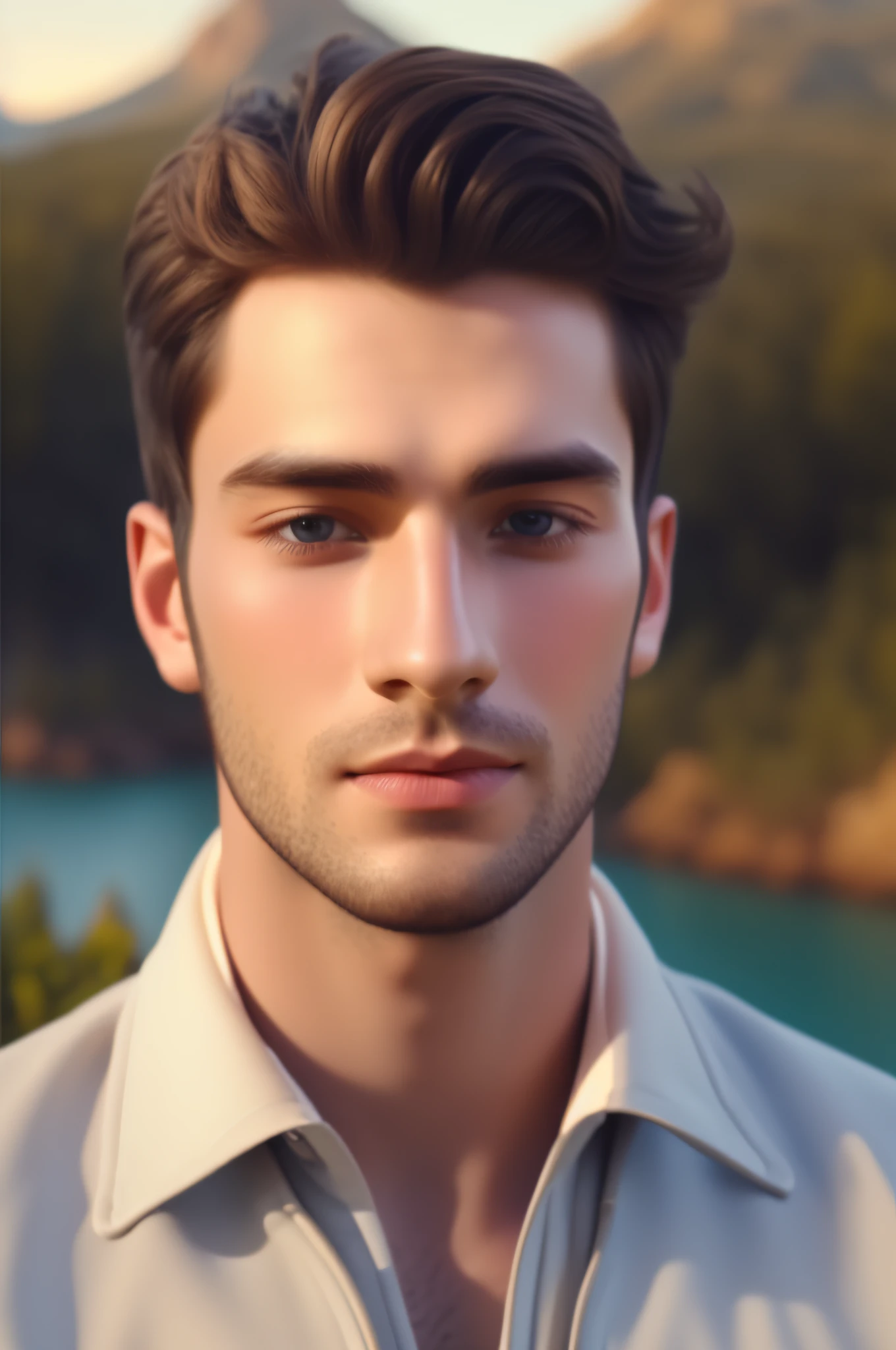 Close-up portrait of a young man in a portraiture, his face calm and serene. he is surrounded by a beautiful landscape, perfect, detailed face, exact proportion, soft cinematic lighting, muted colors, hyperrealistic, 8k, octane render