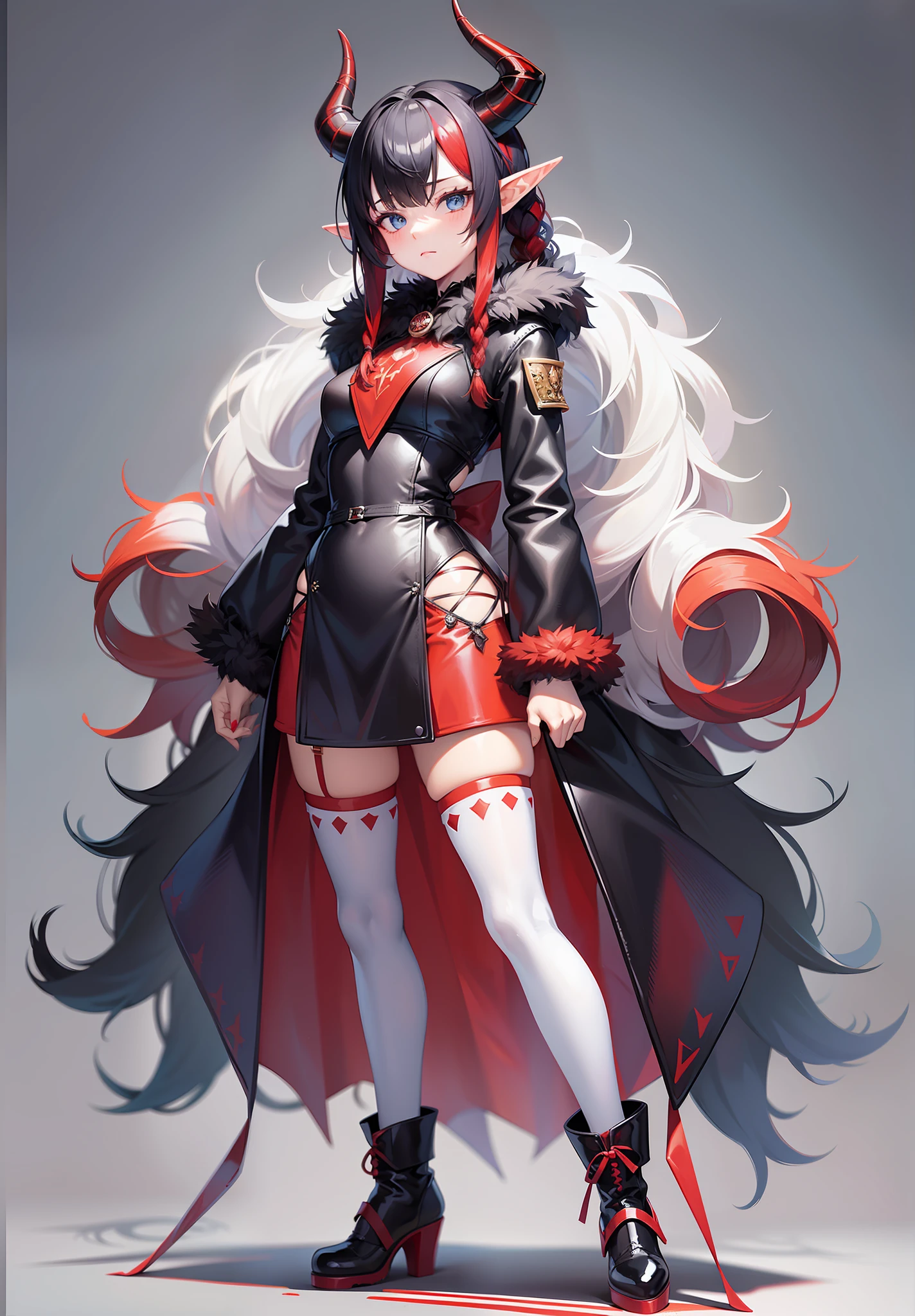 Blank background, standing painting, beautiful girl, standing, full body, demon double horns, black hair, elf ears, blue eyes, twist braid, red fur coat, red hair stuck on the right side, white stockings, small leather shoes, cute, high resolution