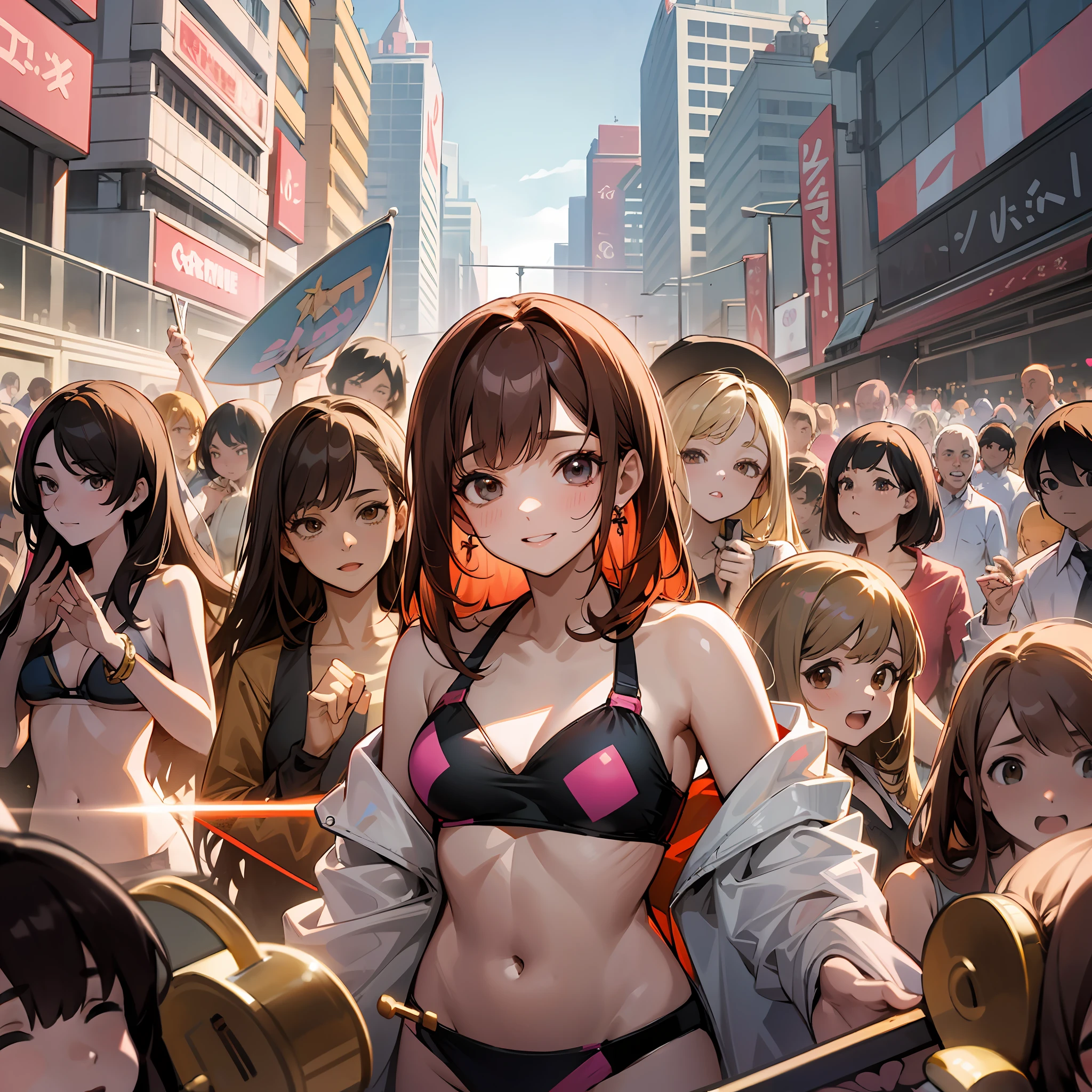 {{Teenage female, caucasian, hundreds of girls, thousands of girls, multiple girls, many girls, only girls, crowd shot}}, looking at viewer, hazel eyes, extremely detailed, brown hair, blonde hair, red hair, black hair, pink bikinis, matching bikinis, identical bikinis, crowd of girls, girls partying, happy, best quality, high quality, extremely detailed anime screencap