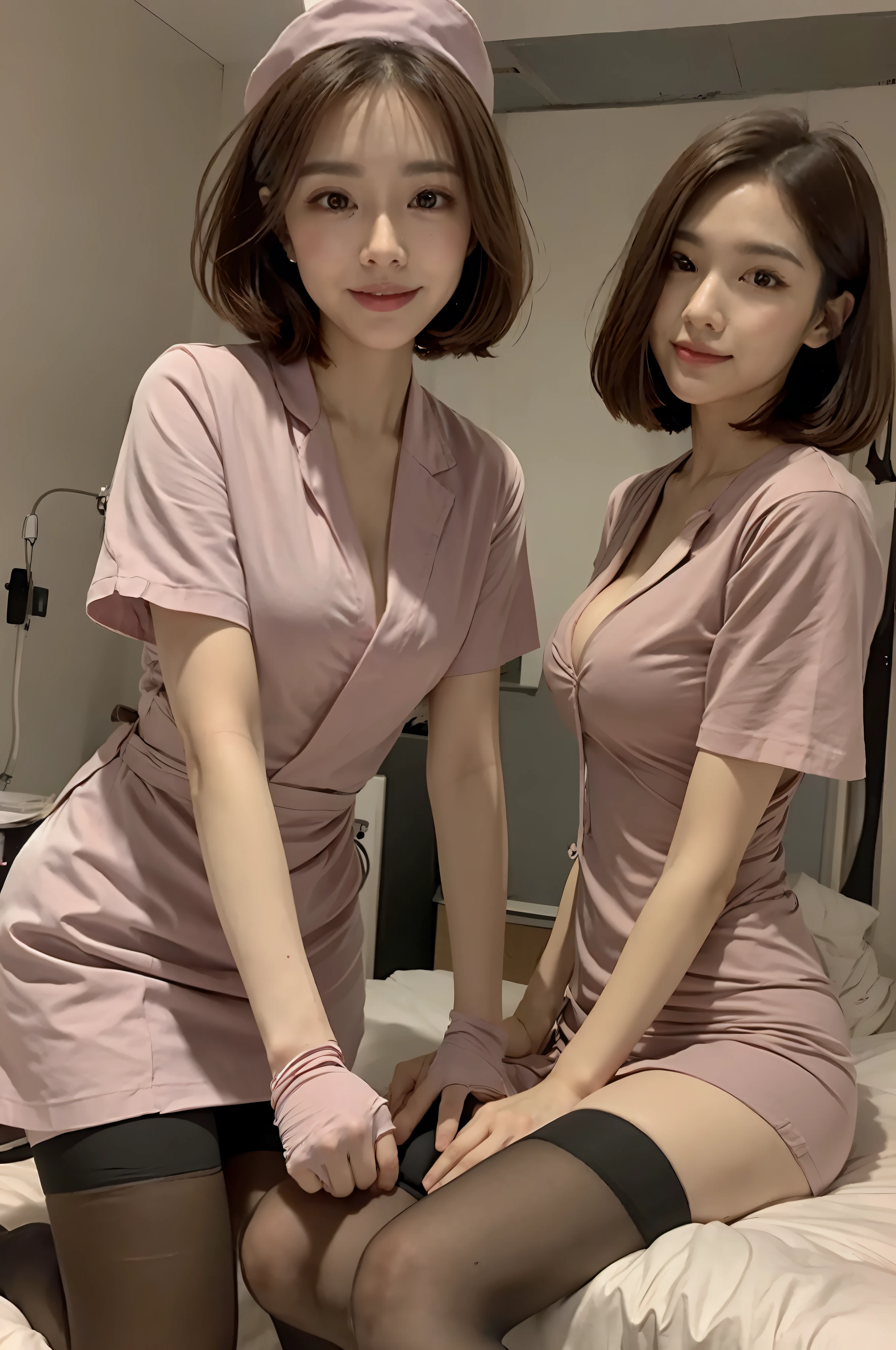 High angle lens,Center view,(RAW photos,Bestquality),(lifelike,Photorealistic:1.3 pcs),wide angle photograph,a masterpiece,2 Beautiful Nurse,Adorable,young,Perfect Body,Top Korean beauty,(full entire body:1.3 pcs),Realistic face,Diffuse light,Create softness,Uniform glow in the hospital((operating room)),Surgical gloves,Medical equipment,Anesthesia machine (Nurse uniforms are smooth、Cultivation:1.5,((gaping、Fluoroscopy:1.5,Expose the chest:1.5))),Perfect breasts and buttocks:1.4 pcs,Slim legs:1.2、 Nurse、 Nurse cap、 stethoscope,(((Black Stockings,Small, beautiful big breast,, White tender toes)))RAW photos, in bed, Top Quality, lifelike, lifelike, Extremely Detailed, Very refined and beautiful, Professional Lighting, lighting on face, Depth of field, Focus on the character, full entire body:1.3 pcs, 2 0-year-old woman, brown Hair, brown eye, small head, (((Large,))),2,,, fashionGirl, beautiful eye, Real face, Real skin, Real face, realistic skin, Detailed eyes,Double eyelidd,long eyelash ,Swollen eyes,Healing is a smile:1.5,Baring tongue,Take a stethoscope(Stylish and flowing short hair: 1.3 pcs)