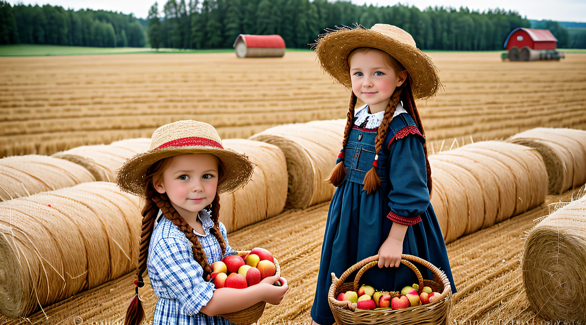 Russian style, girl, portrait, long red hair of braids with hat, farmer style, with rolls of hay and wheat and horse, barns, apples.