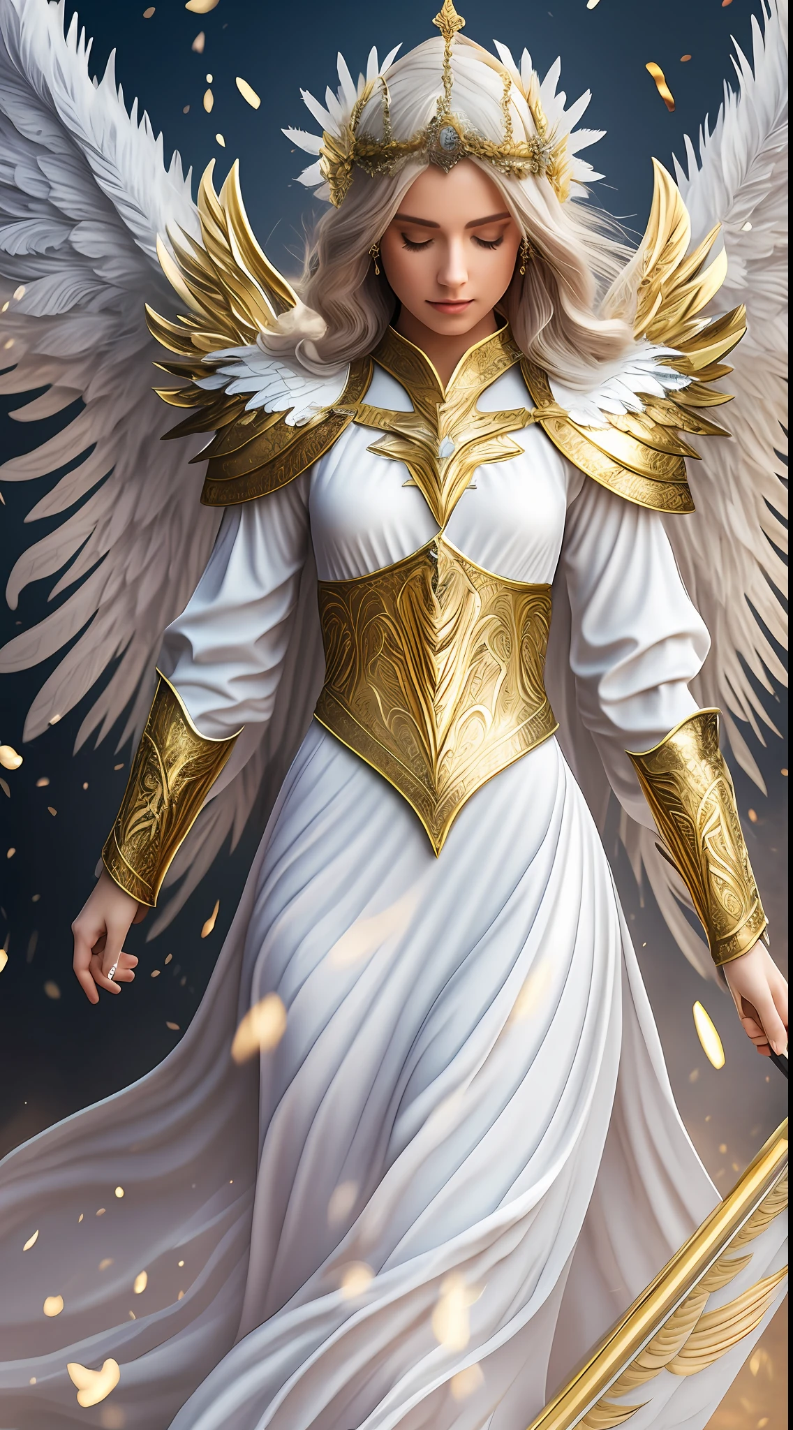 woman walking with angel flying behind, angel with shining armor, white wings with feathers, golden sword, realistic, 4K --auto --s2