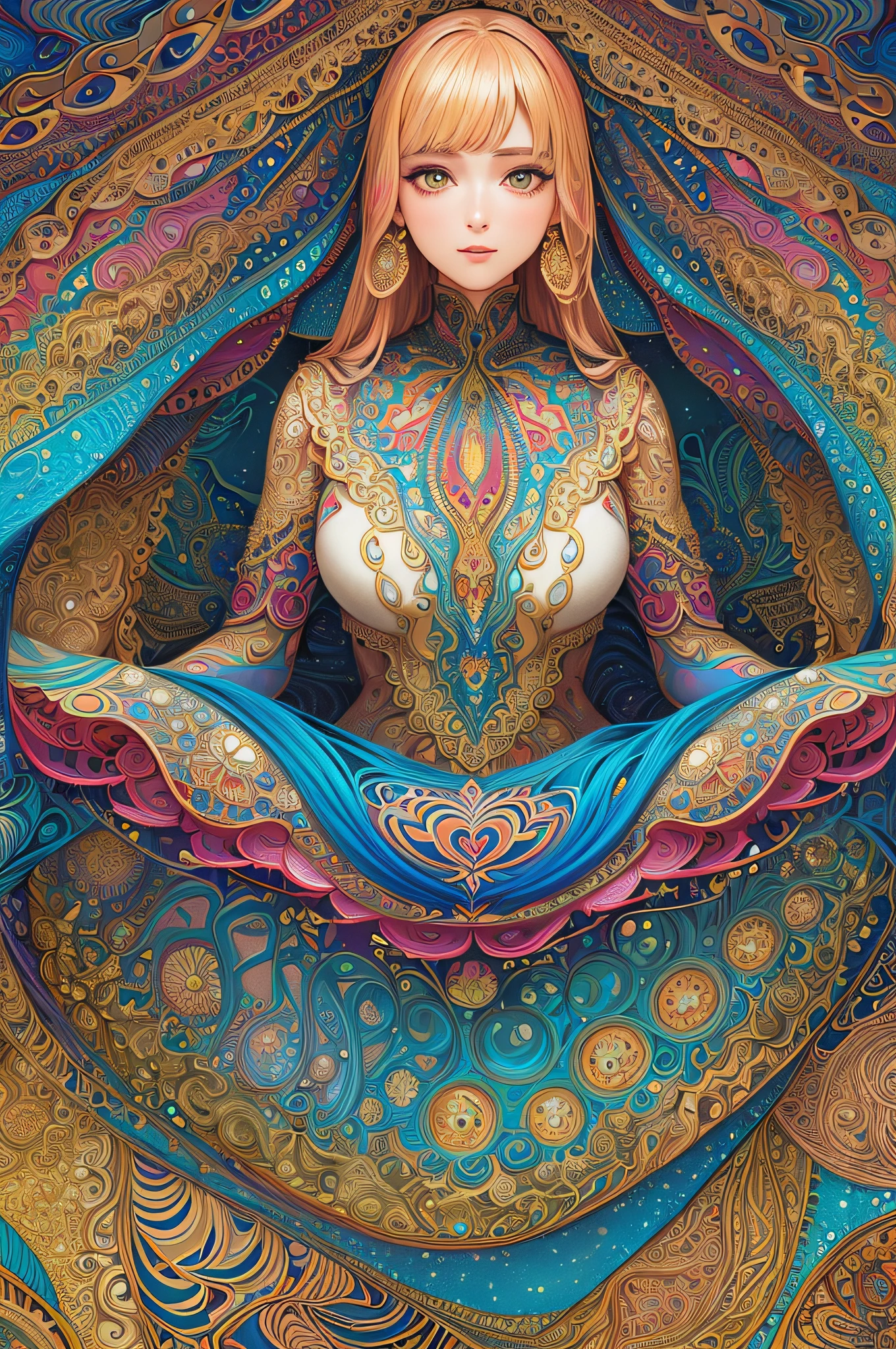 (masterpiece, top quality, best quality, official art, beautiful and aesthetic:1.2), (1girl:1.3), extremely detailed,(fractal art:1.2),colorful,highest detailed,(zentangle:1.2), (dynamic pose), (abstract background:1.5), (treditional dress:1.2), (shiny skin), (many colors:1.4), upper body