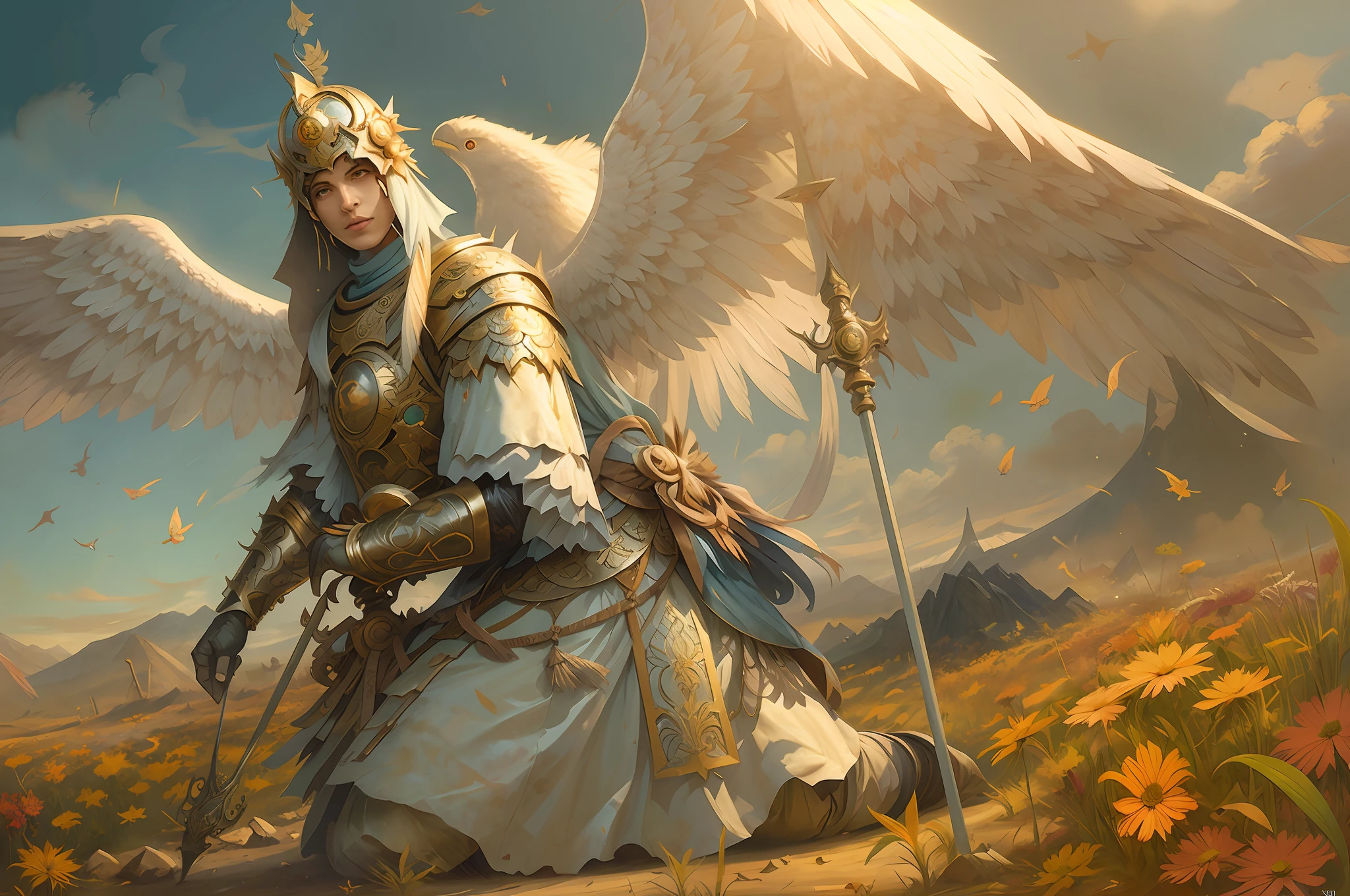 um homem alado ajoelhado em um campo de flores, angelarium, Paladino Santo, Mohrbacher, Direction: Cynthia Sheppard, Pedro Mohrbacher Donato Giancola, magic the gathering card art, WLOP e RHADS, Pedro Mohrbacher C 2 0, magic the gathering concept art, anjo, arte do jogo de cartas de fantasia