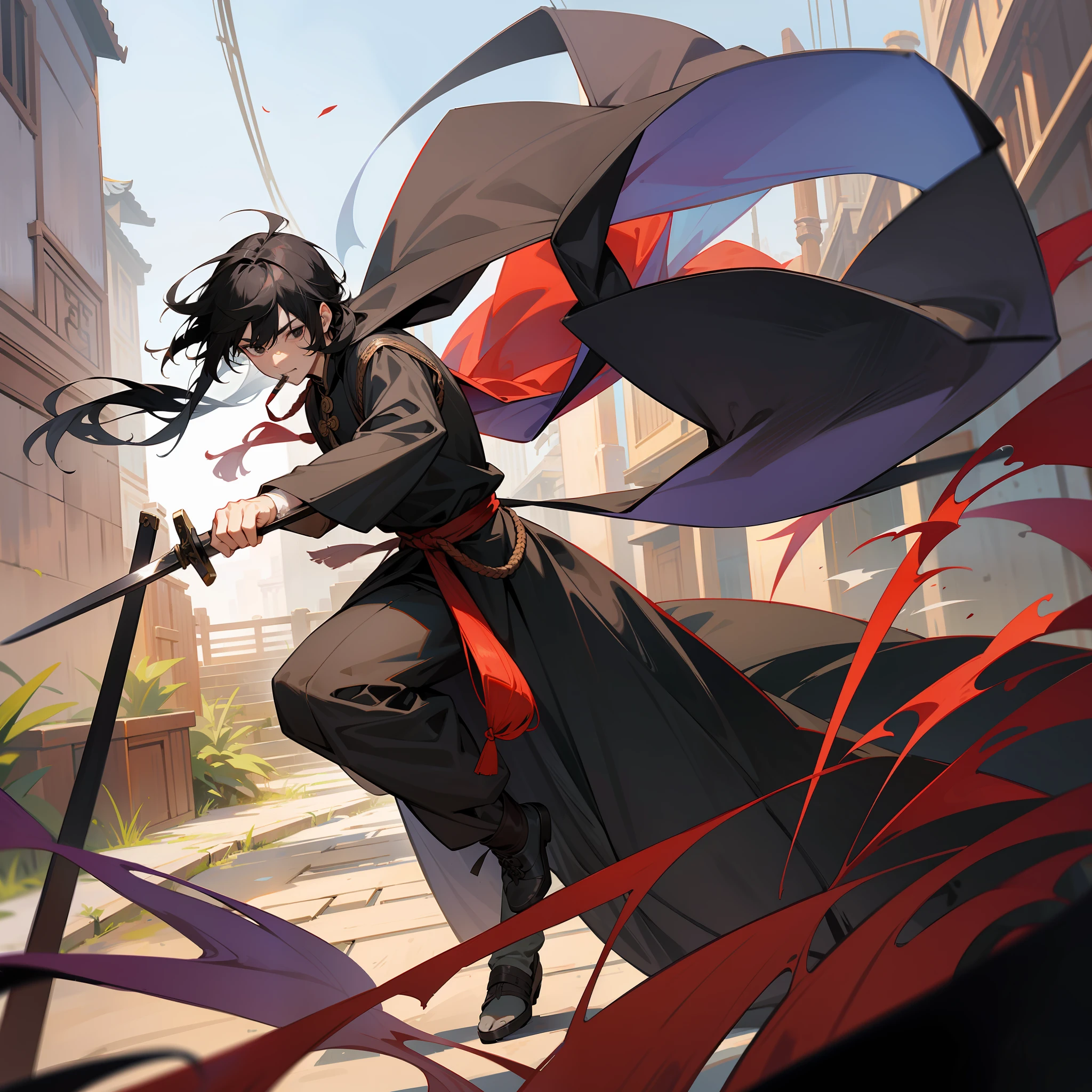 Black period costume，Holding a Chinese long sword in his hand，Walk in the ancient alleys，male，Long Black Hair ，Black eyes，Male face，The expression is resolute，The sky is bright，Messy bangs，With straw in his mouth，The other hand is pinned behind him，youth。Male face。