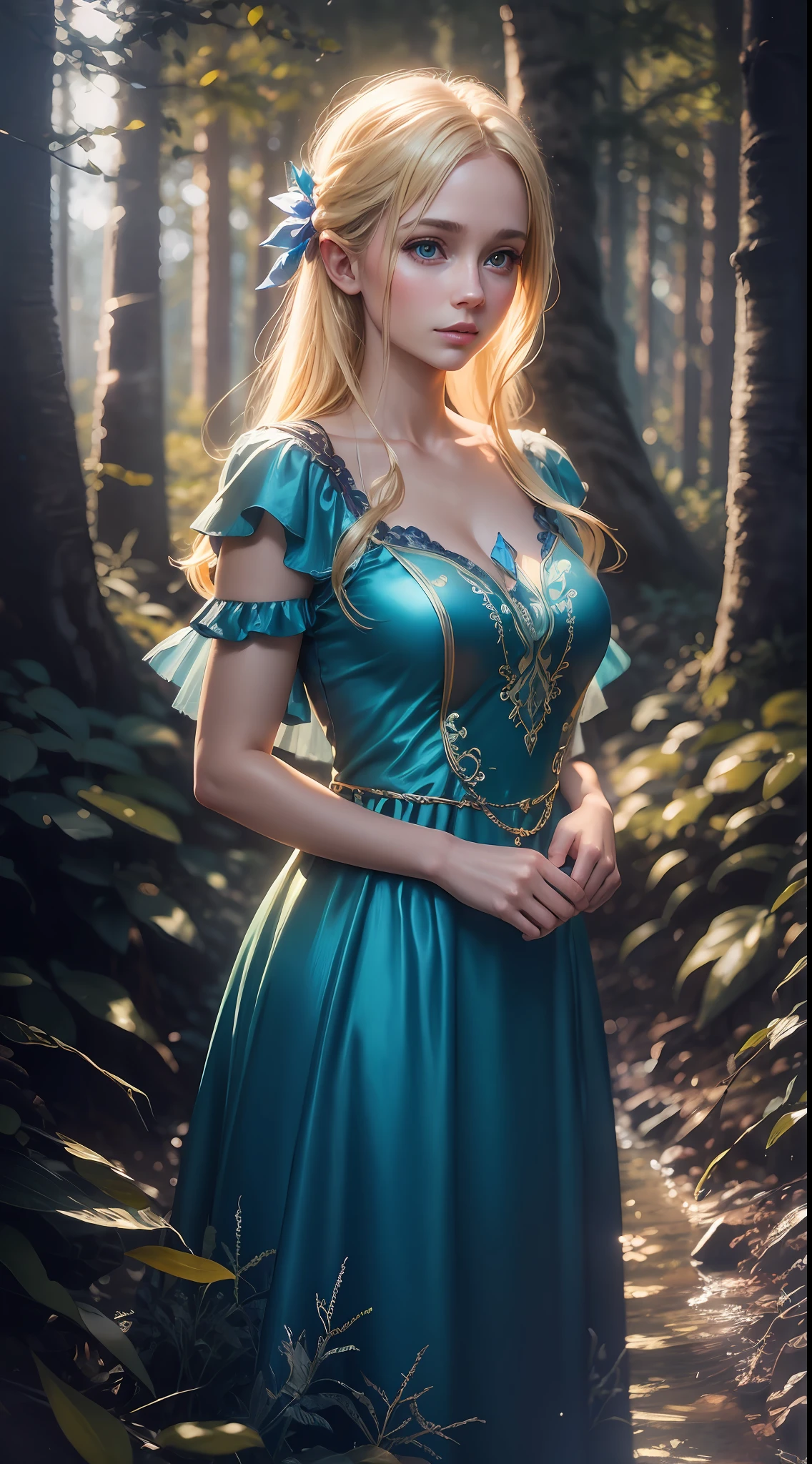 Blonde girl wearing long blue dress, big lake, enchanted forest, bright fairies scattered around the forest, magical, specular lighting, 4K, realistic, photorealism --auto --s2