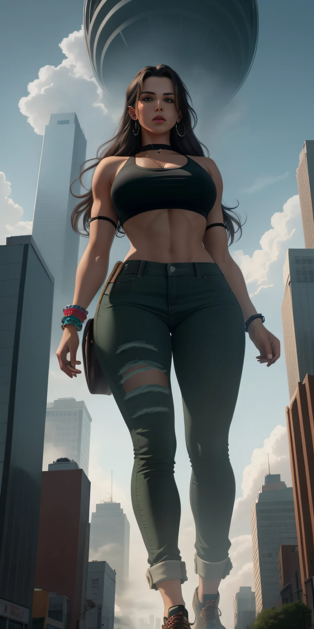 "A towering Giantess in a cool and laid-back hippie style is rocking a crop top and baggy pants. Her toned and athletic build hints at her massive strength. She seems to be casually strolling through the bustling cityscape of GTS City, as towering buildings loom overhead. Smoke and clouds roil around her, adding to the sense of epic scale and drama. The lighting is dark, gloomy, and realistic, creating a tense and ominous atmosphere. The perspective is from below, emphasizing the sheer majesty and power of the Giantess."