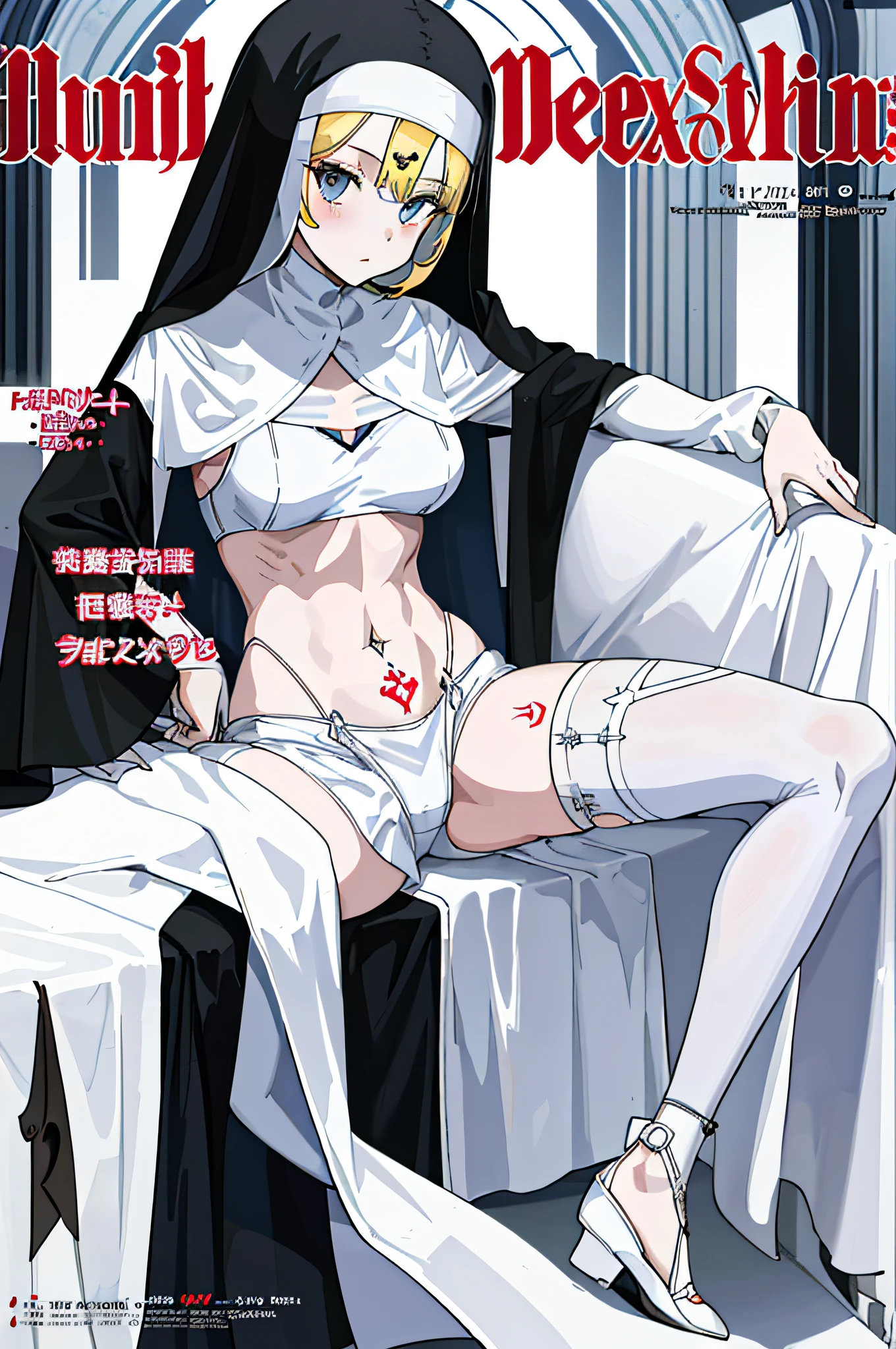 1girl,  nun, sexy white nun outfit, seductive expression, sexy navel ruler_tattoo, six packs (magazine cover, text, clean font, sharp text)