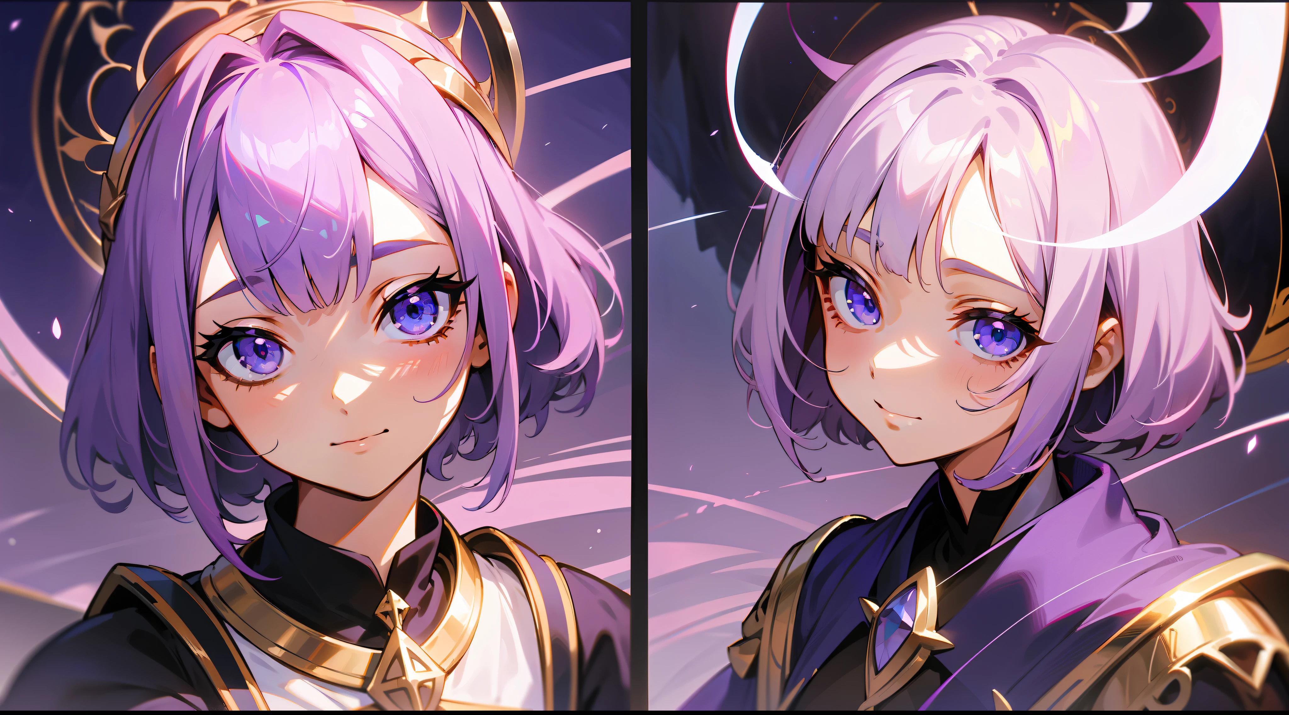 uma maga elfa, short lilac hair, franja, seios grandes, coxas expostas, cabelo entre os olhos, sorrindo, postura heroica, lilac eyes, corpo inteiro, vestes dourada branca e roxa, confiante, fantasia, medieval, raios de sol