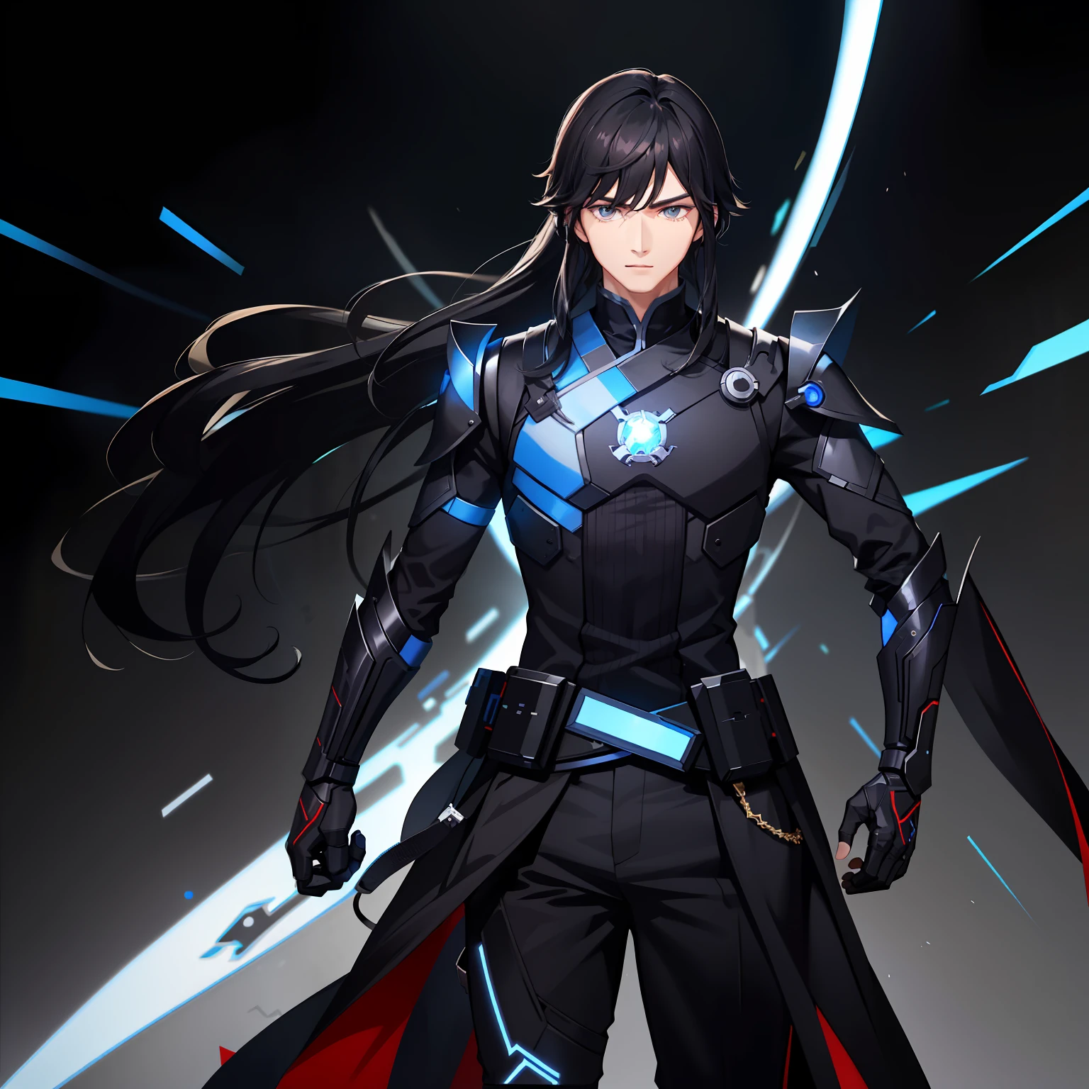 Black-haired boy，Han Manfeng，Sense of technology，Black nano armor，Cyber Future，hansome，Long hair，Cold eyes，Handsome boy