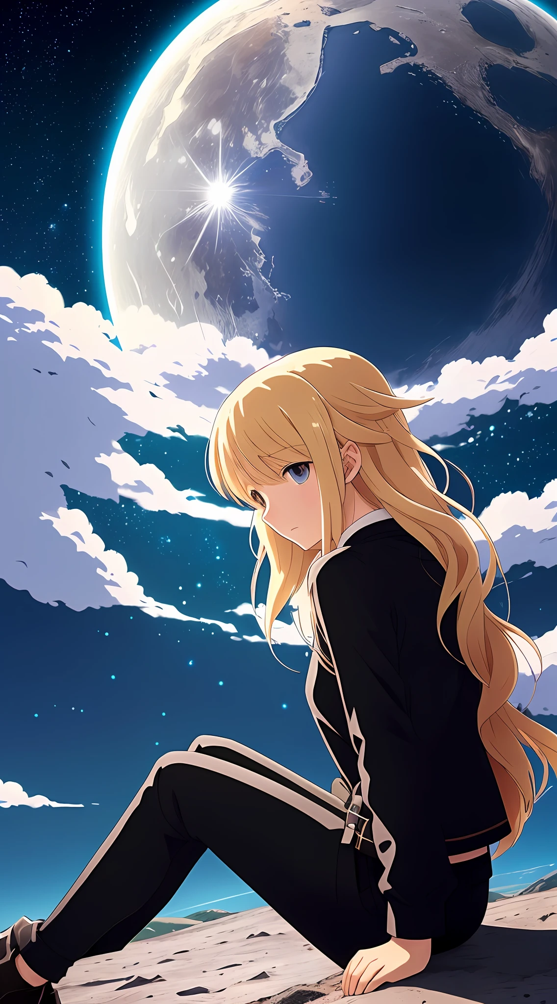 Blonde girl wearing black clothes, sitting on the surface of the moon on her back, looking at the planet Earth in the sky. anime style, Makoto Shinkai style, "Kimi no Na wa" ("Your Name"), long wavy blonde hair, with a contemplative look on his face, black and elegant clothes with subtle details. The surface of the moon should be depicted with smooth craters and interesting textures. Planet Earth should be seen in the sky, with its realistic size and appearance. The scenery should convey a sense of beauty, loneliness and wonder. --auto --s2