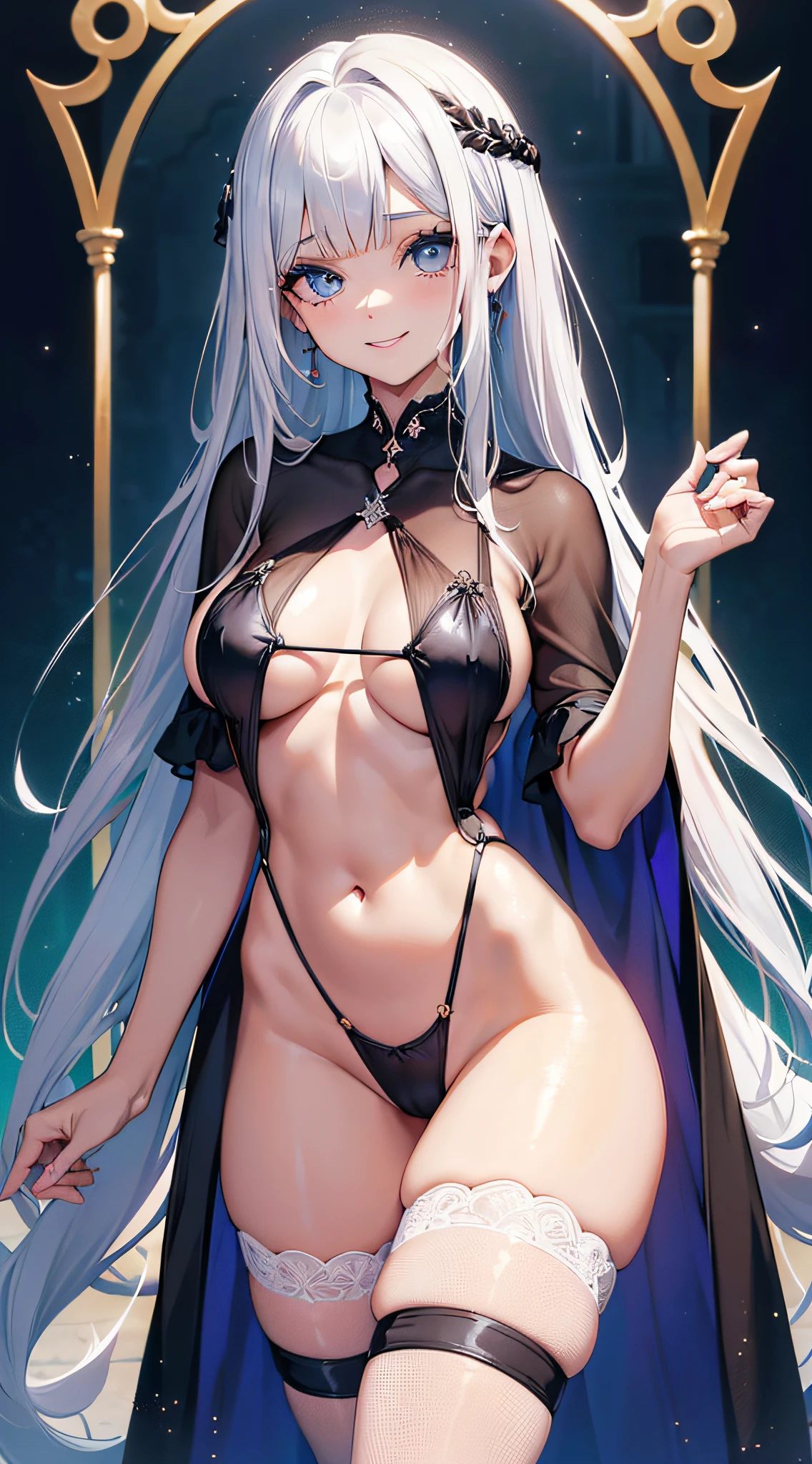 (melhor qualidade), (((BIG SMILE))), best illustration, detalhes intrincados, ultra detalhados, (2D), cabelo entre os olhos, splendid illustration, extremamente detalhada, (stub), 1girl, (bishoujo:1.3), ((belo rosto detalhado)), (pretty_face+round_face), ((belos olhos detalhados)), (olhos vermelhos), olhos transparentes, ((seios gigantescos)), (bishoujo:1.3), (rosto perfeito), solo, CG extremamente detalhado, (extremamente bonito), dynamic angle, (obra-prima:1.2), (eyelashes:1.2), (dark eyelashes:1.1), (delineador:1.2), (olhos vermelhos profundos:1.2), (olhos grandes:1.2), cintura estreita, (pele brilhante), illustration, franja muito longa, (sombreamento detalhado), (suado, gotejando suor) olhando para o espectador, cabelos prateados, cabelos muito longos, cabelo bagis, Braids, (seios enormes:1.4, cameltoe), ((micro bikini very tight, see through micro bikini, nude)), ((see through clothes, revelando negligee)), erotic, sexy, crop top, bunda enorme, coxas grossas, dentro, Detailed Gothic Room, deitado na cama, agitado, sexy, underboobs, ((peitos magros)), ((brilhantes seios brilhantes)), (fulano e agitado),