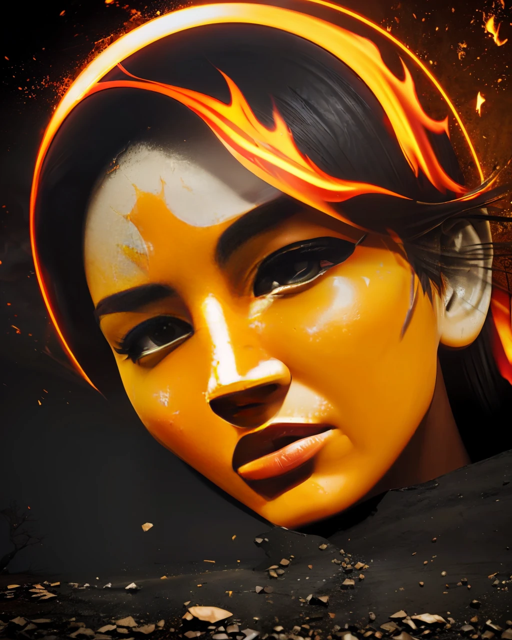(masterpiece), ultra-realistic 3D animation, (lively and fiery pose: 1.2), burning flames, (glowing orange and yellow: 1.3), (charred and decaying environment: 0.8), (subtle cracks and fissures: 1.1), (turbulent smoke and ashes: 1.2), (unforgiving red lighting: 1.2), (dramatic close-up shots: 1.1), (deafening silence and muted sounds: 0.9)