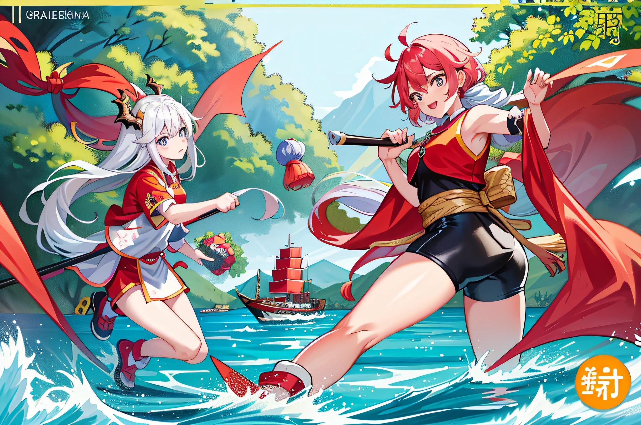 I'm going to draw a poster about the Dragon Boat Festival, The poster shows a traditional Dragon Boat Festival dragon boat race scene。On the lake,There is a dragon boat,It was filled with a group of strong rowers,They held dragon boat poles and prepared to set off。There were spectators cheering by the lake,They hold five-colored rice dumplings in their hands。The whole scene is full of festive and lively atmosphere。The art style is watercolor,A blend of bright colors and flowing brushstrokes,--ar 16:9 --v 5。